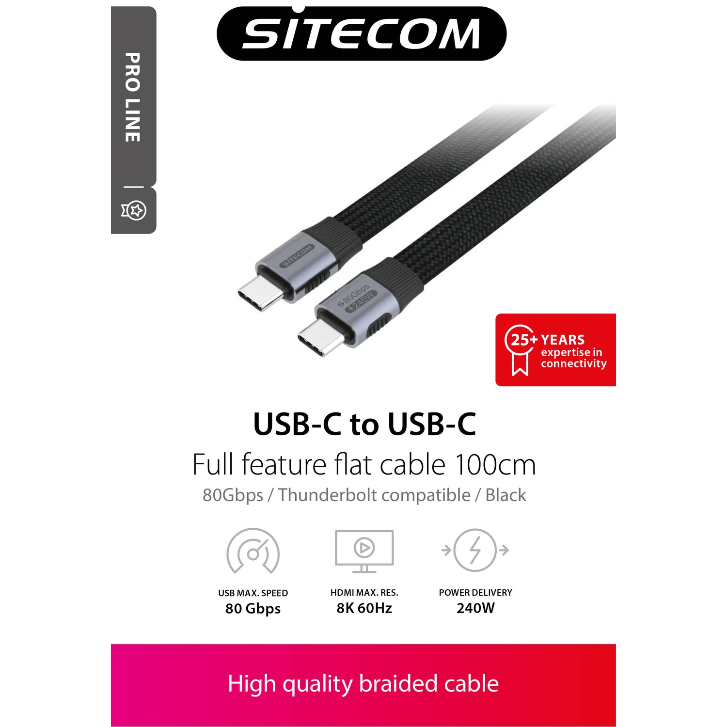 L'image montre un câble USB-C noir avec des connecteurs argentés et le logo Sitecom. Le texte indique qu'il s'agit d'un câble tressé de haute qualité.