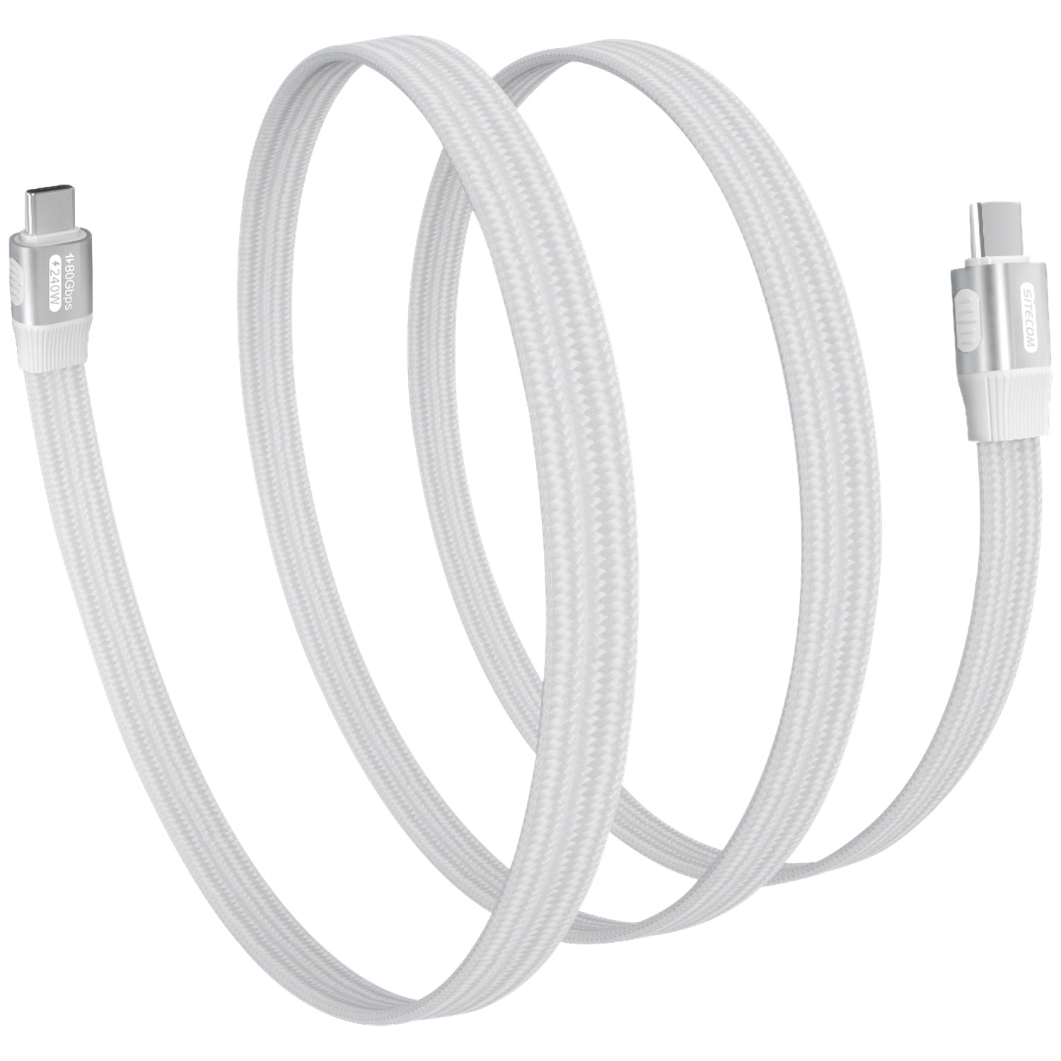 Un câble USB-C blanc, enroulé, avec des connecteurs aux deux extrémités. Une extrémité indique '21W' et l'autre 'SITECOM'.
