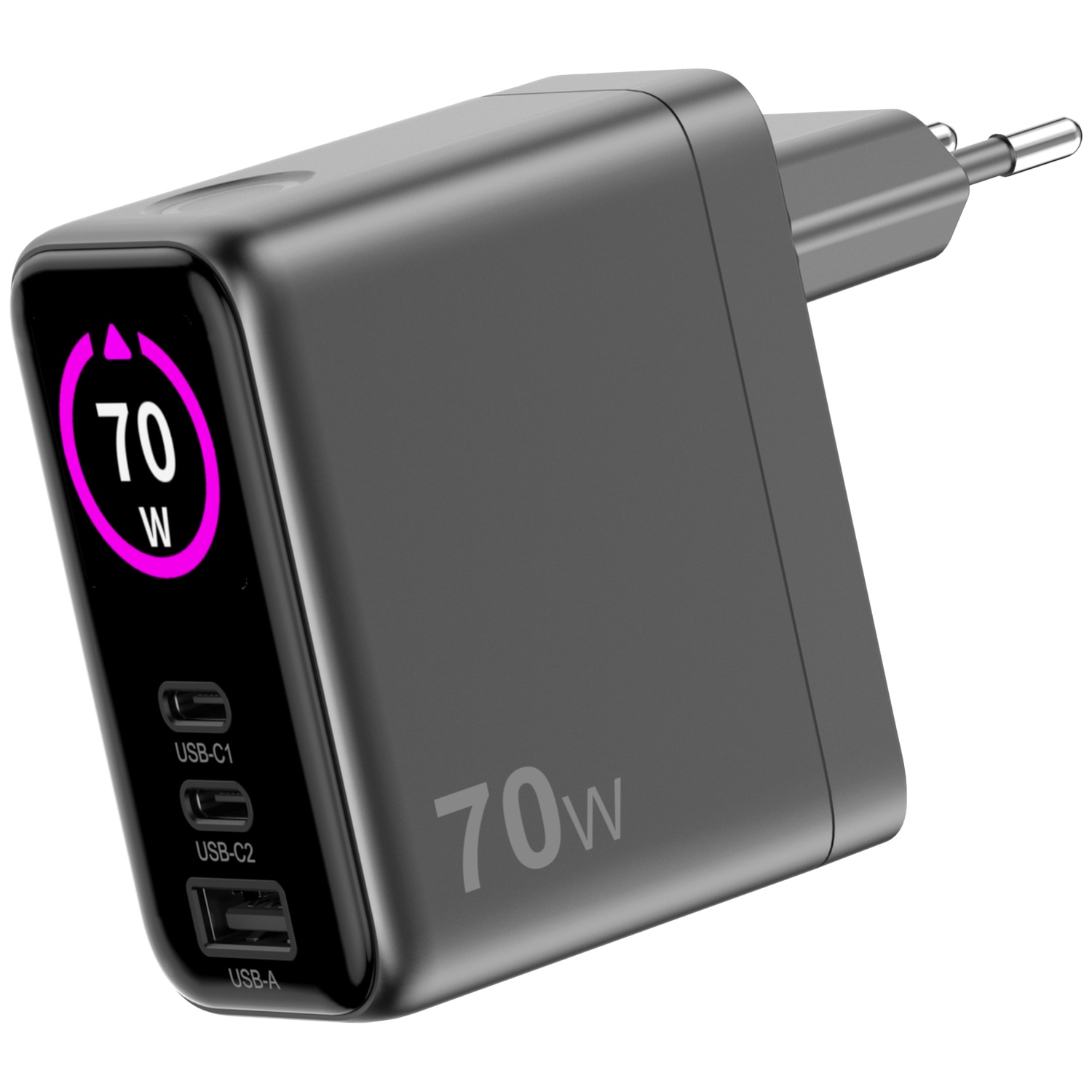 Een grijze 70W-stroomadapter met een digitaal display met 70W en USB-poorten.