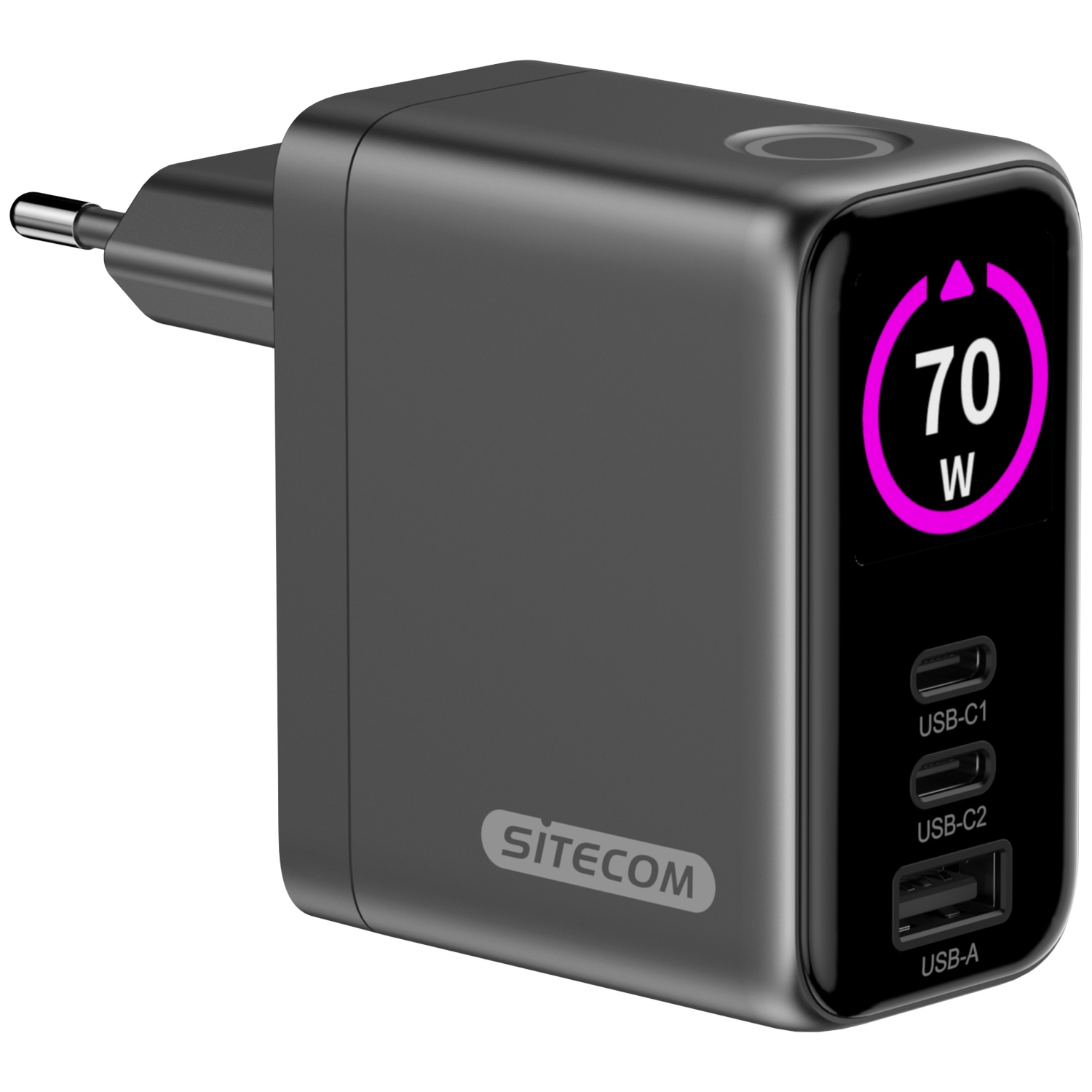 Een zwarte Sitecom-lader met stekker, display met 70W en USB-poorten.