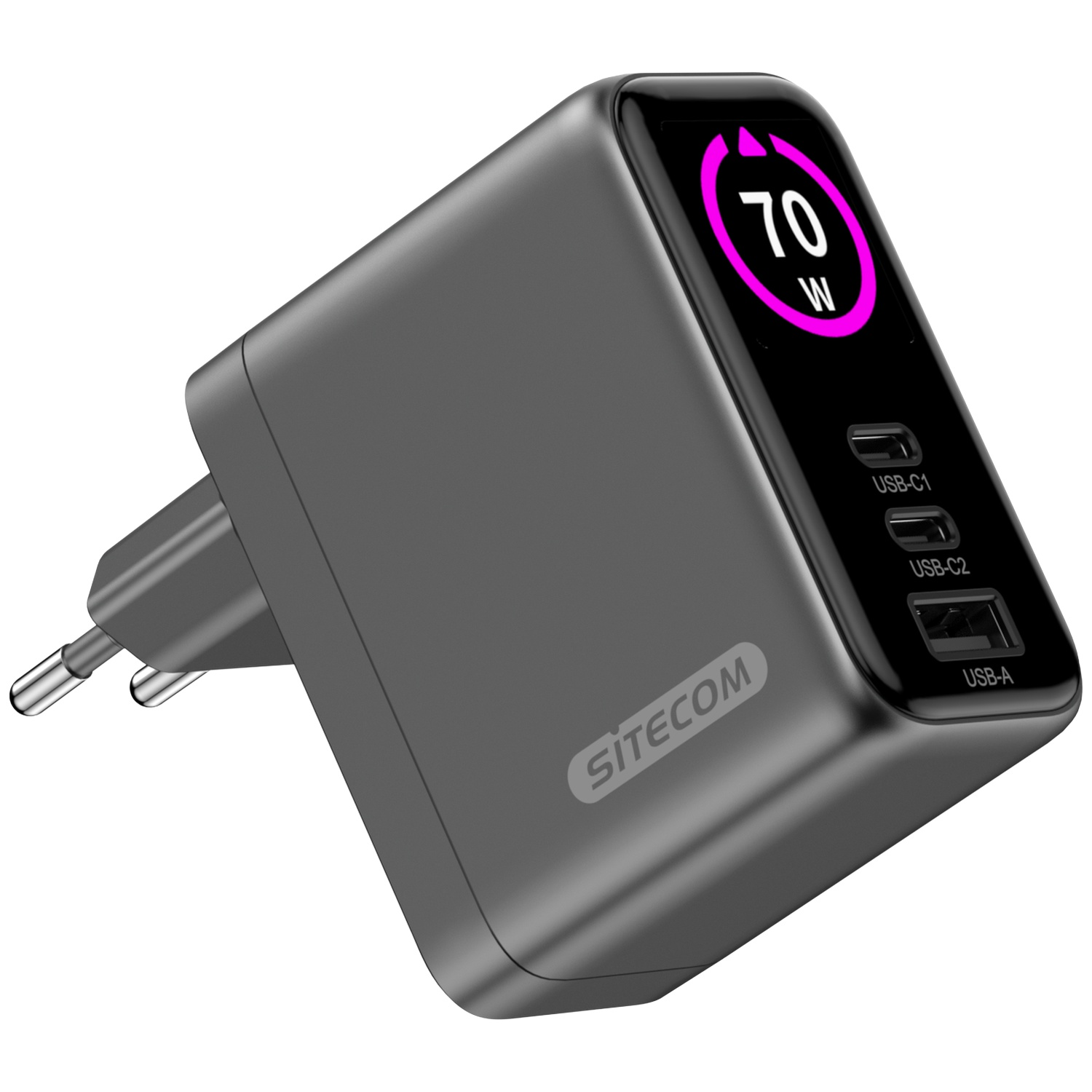 Een grijze SITECOM-oplader met digitaal display (70W) en USB-poorten. Er zit een stekker aan de linkerkant.