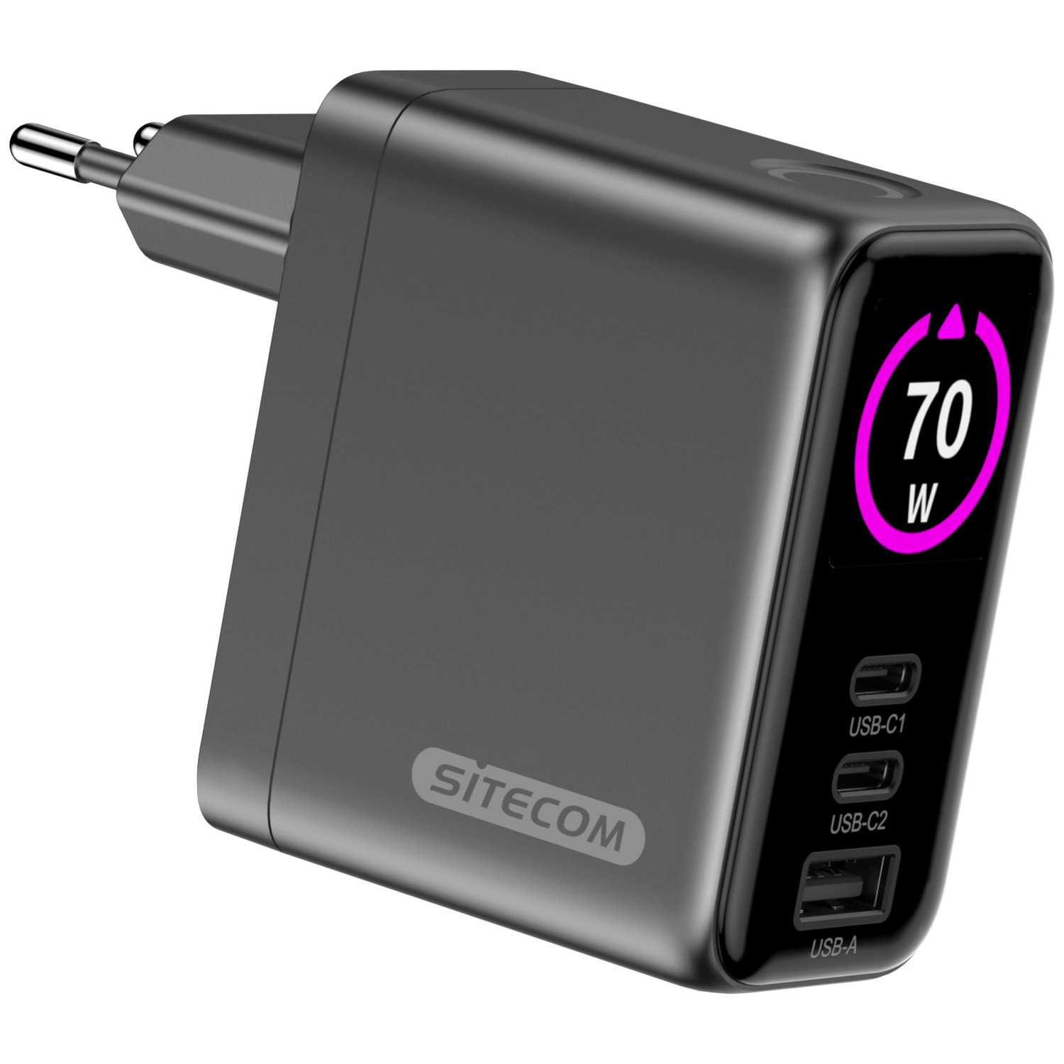 Een zwarte Sitecom oplader met een display van 70W. Het heeft USB-C- en USB-A-poorten en een Europese stekker.