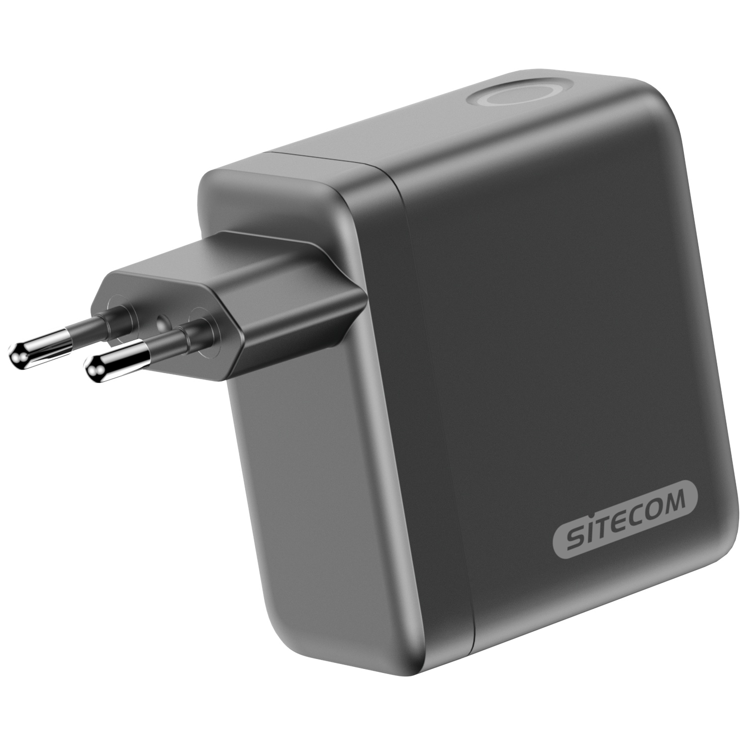 Een grijze SITECOM-adapter met een Europese stekker. Het heeft een rechthoekige behuizing en twee zilveren pinnen voor het stopcontact.