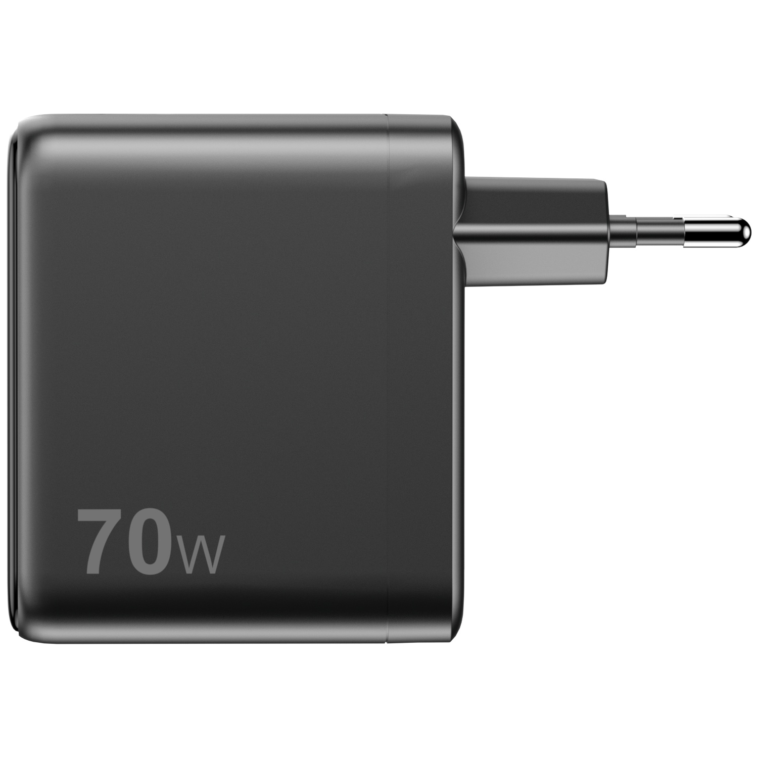 Een zwarte 70W voedingsadapter met een stekker op een witte achtergrond. De adapter is rechthoekig met afgeronde hoeken.