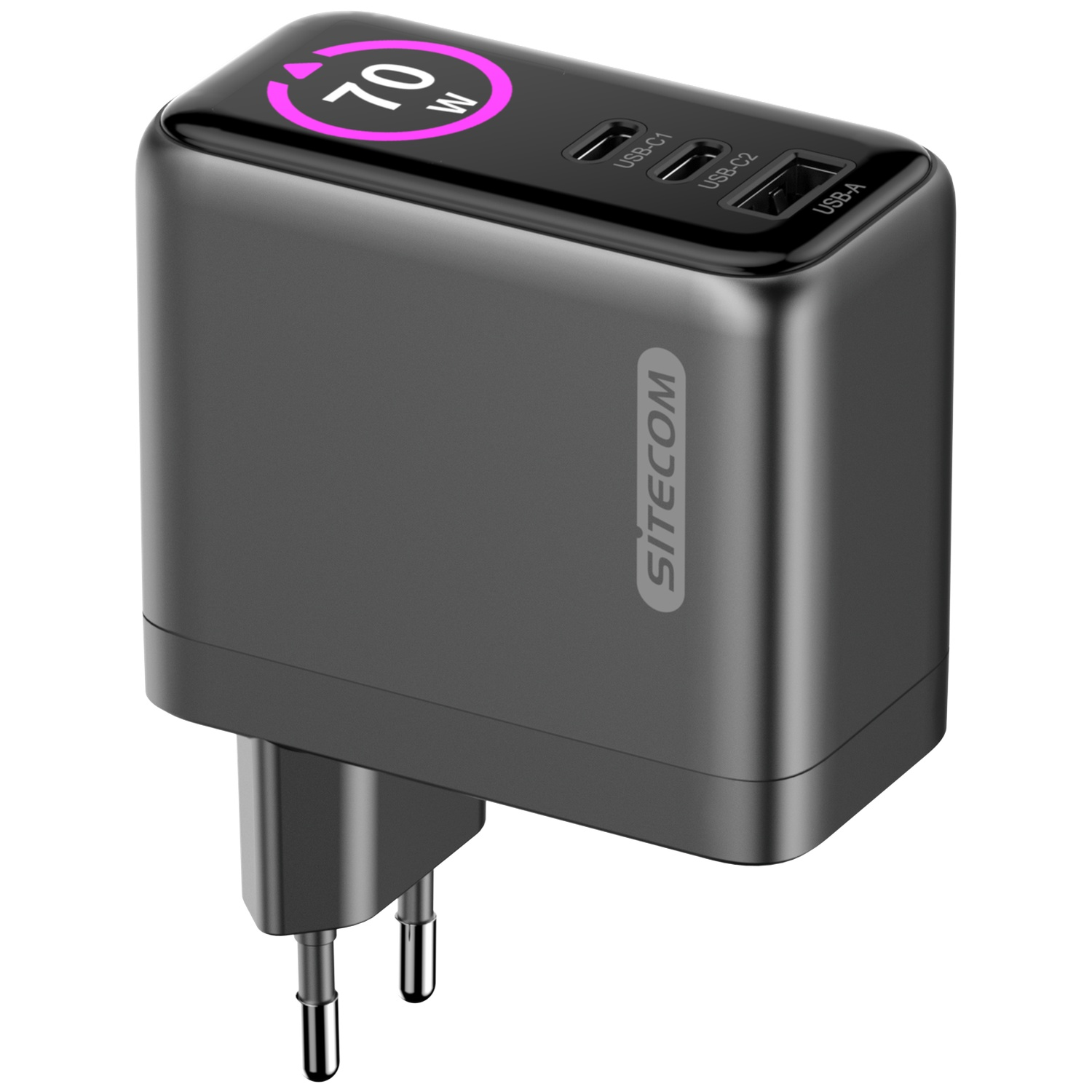 Een zwarte voedingsadapter met meerdere USB-poorten. Het heeft een digitaal display met 70W. De merknaam 'SITECOM' is zichtbaar.