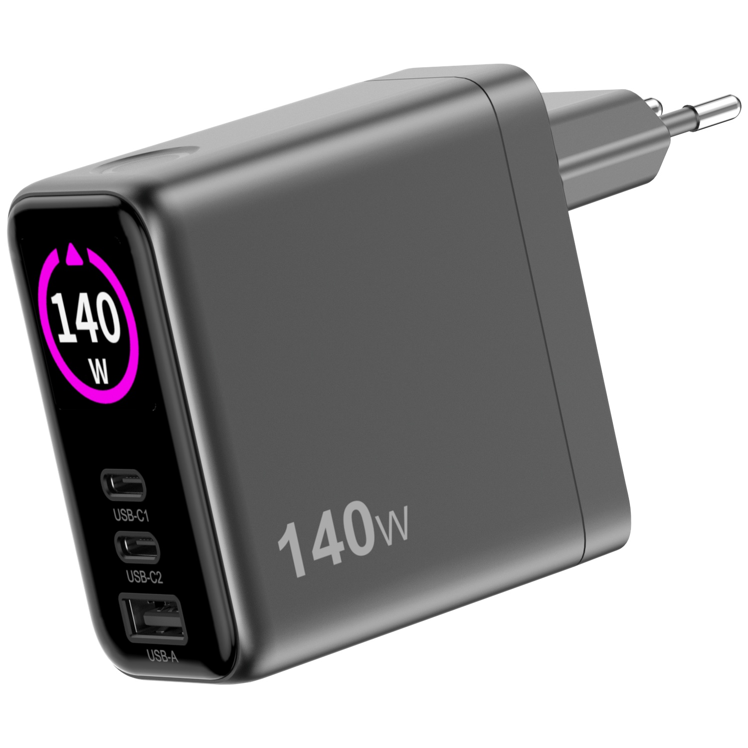 Een zwarte 140W-stroomadapter. Het heeft een display met 140W, USB-C- en USB-A-poorten en een stekker.