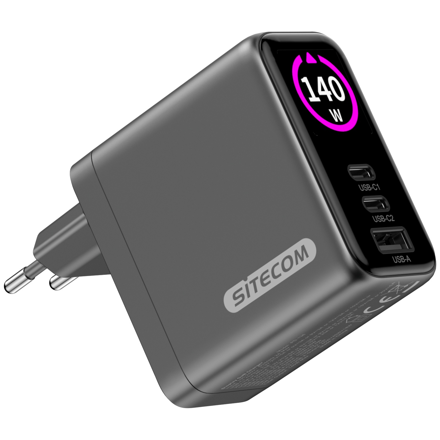 Een grijze SITECOM-oplader met een display van 140W, USB-C en USB-A poorten en een Europese stekker.