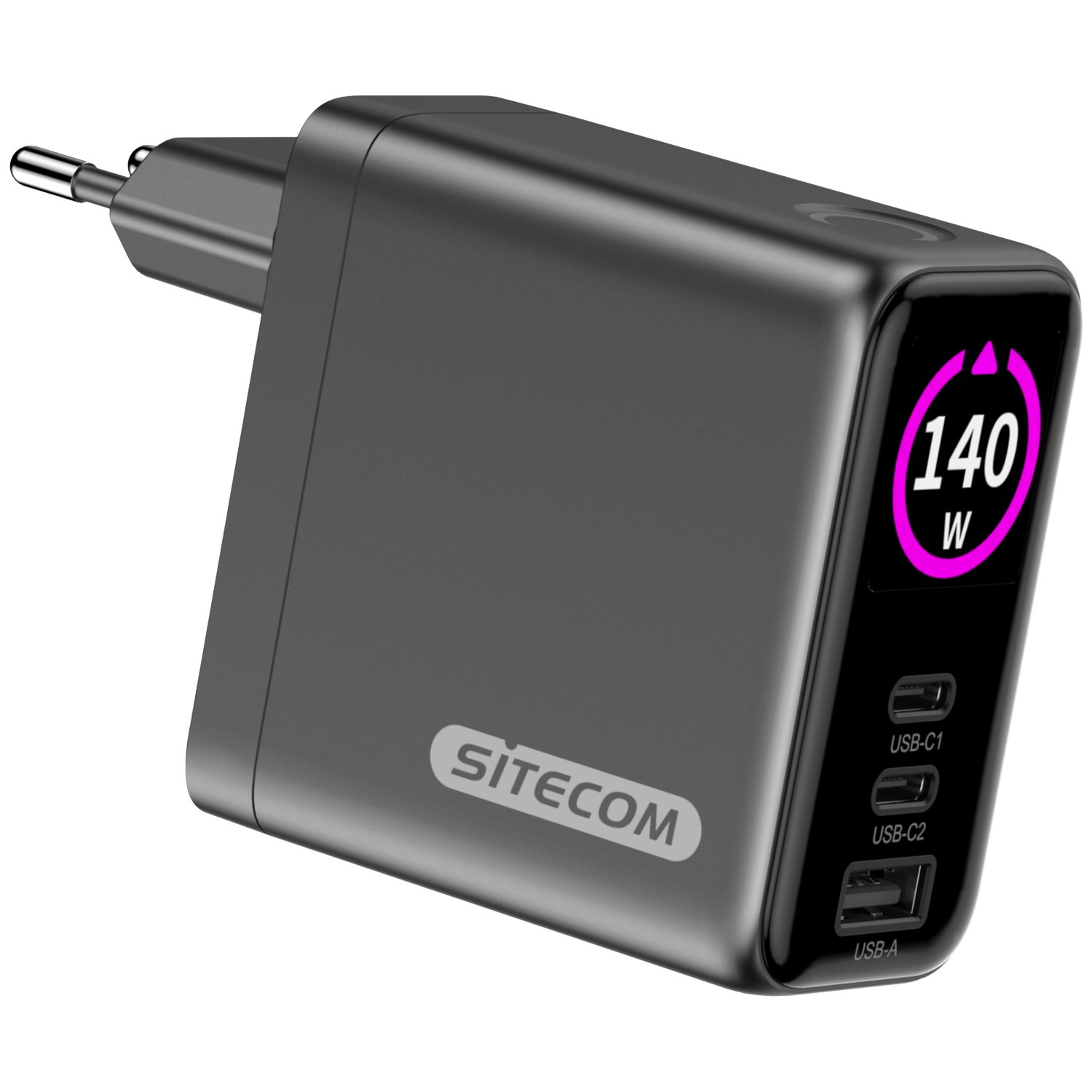 Een donkergrijze Sitecom oplader met stekker. Het heeft een digitaal display met 140W en USB-poorten.