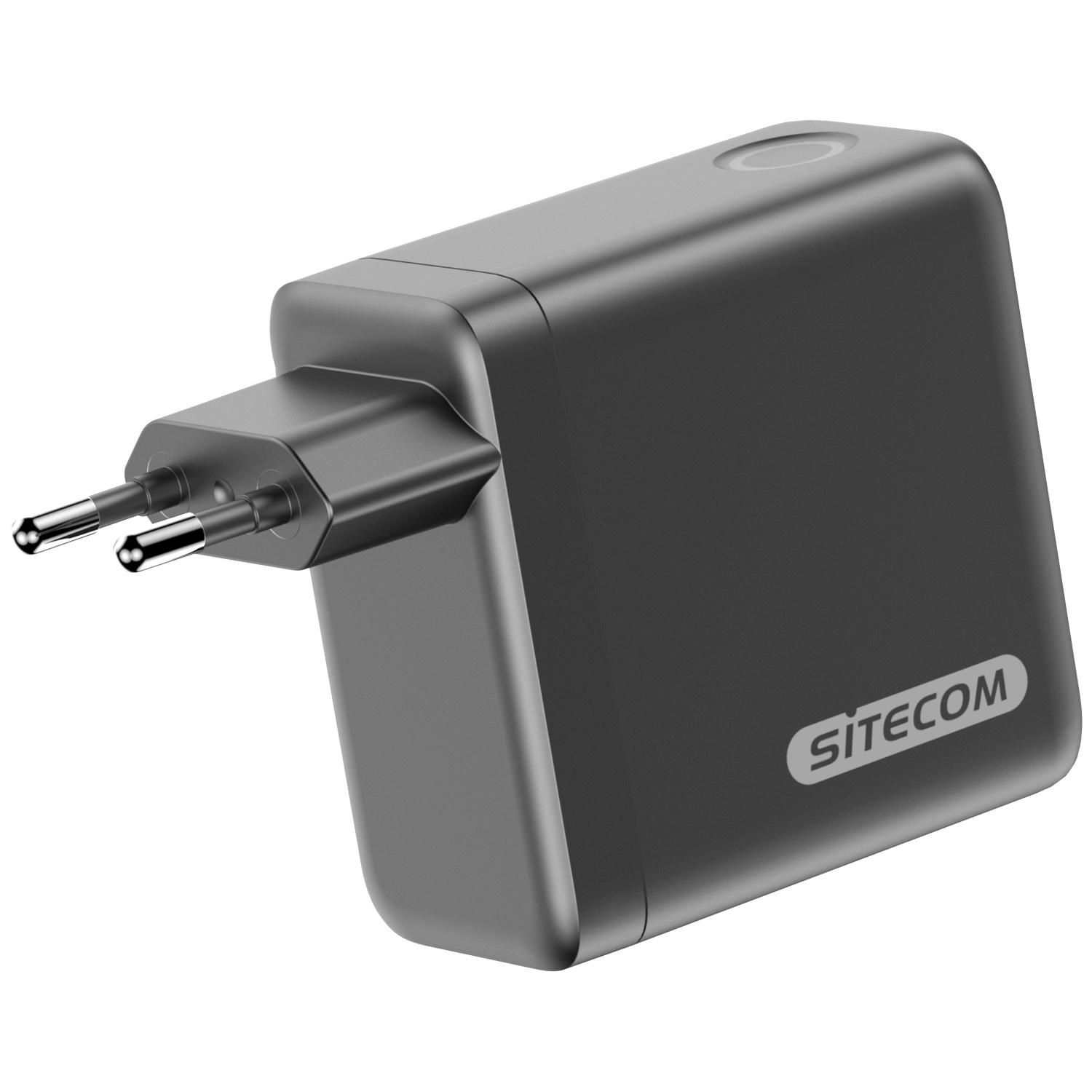 Een zwarte Sitecom-stroomadapter met twee pinnen en een afgeronde rechthoekige behuizing. De achtergrond is wit.
