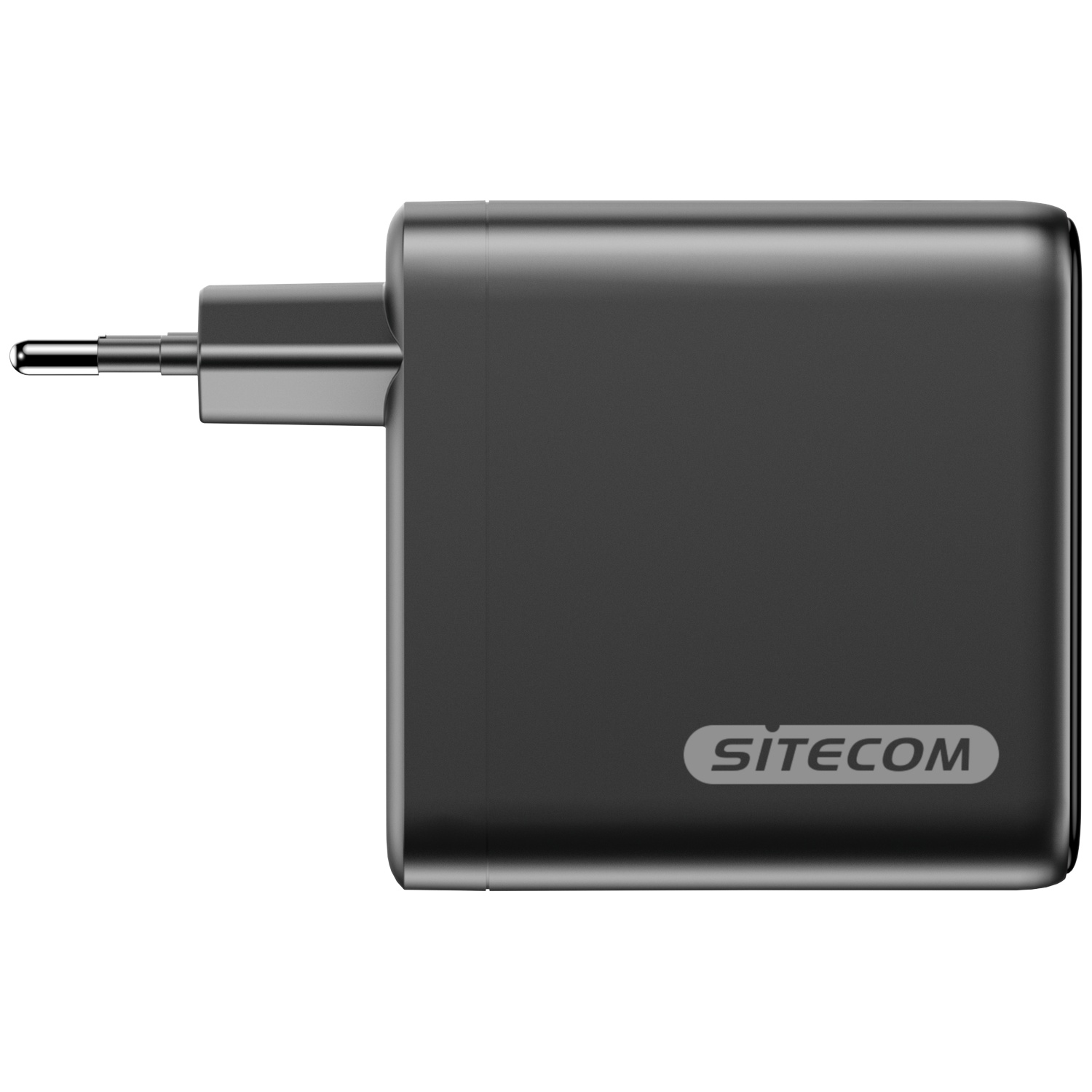 Een zwarte Sitecom-stroomadapter. Het heeft een zilveren stekker en het Sitecom-logo is grijs afgedrukt.