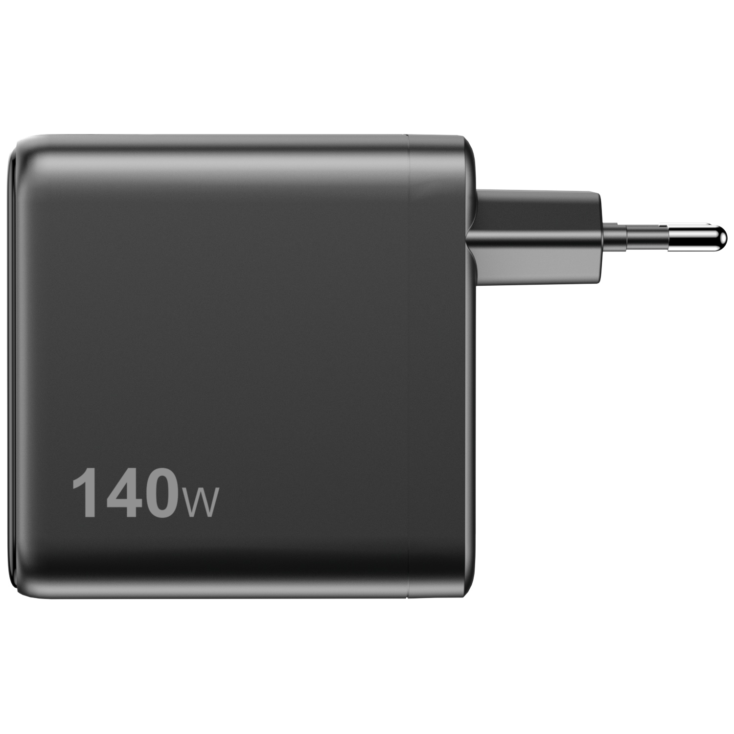 Een zwarte 140W-adapter. Het heeft een rechthoekige vorm met afgeronde hoeken. Aan de rechterkant steekt een stekker uit.