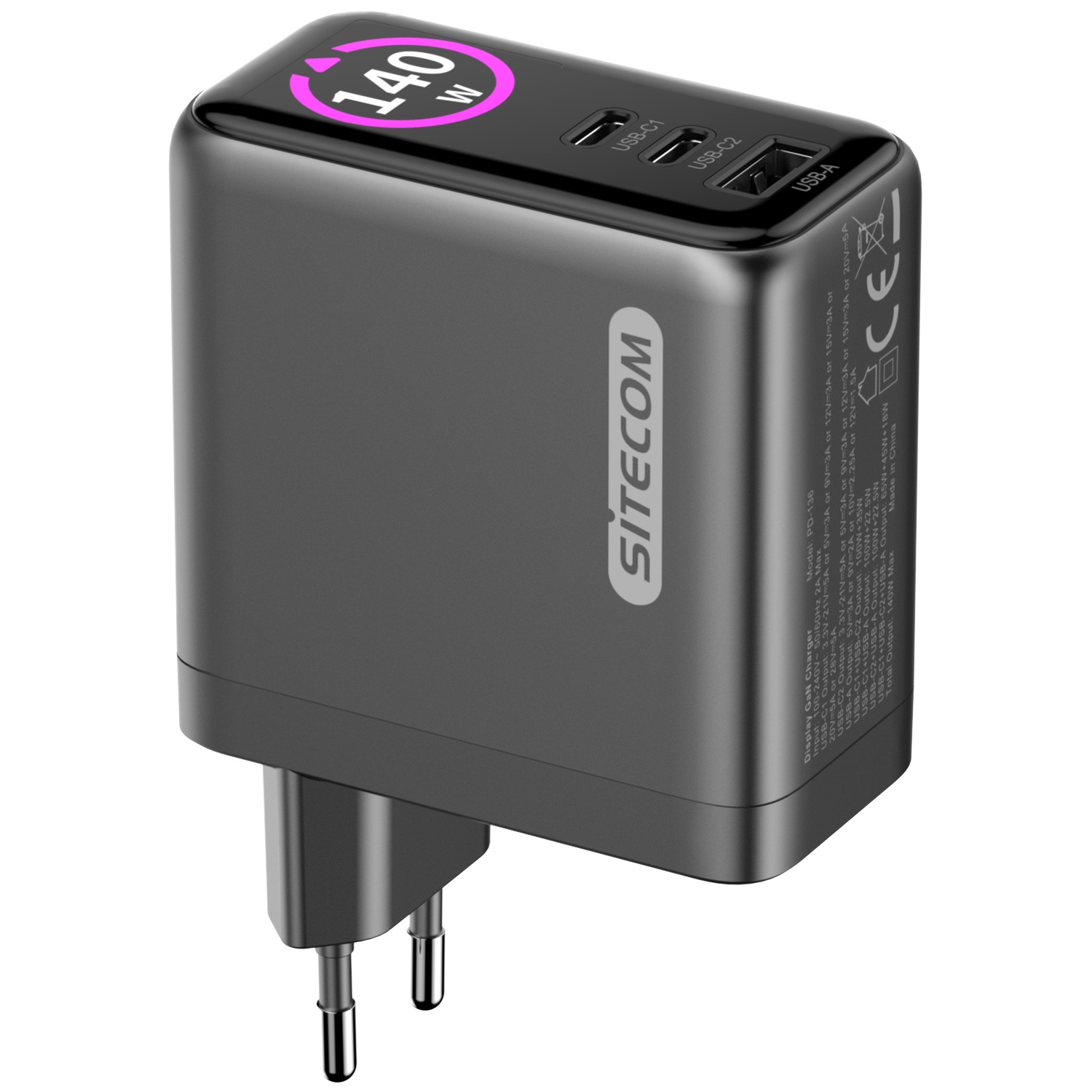 Een zwarte Sitecom oplader met een digitaal display van 140W. Het heeft drie USB poorten en een stekker.