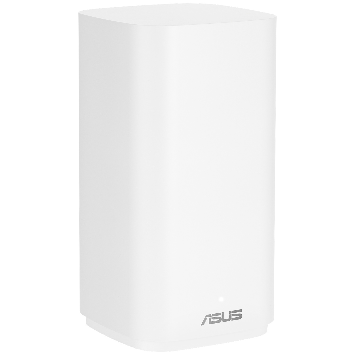 Un routeur ASUS blanc avec une forme rectangulaire arrondie, debout. Le logo ASUS est en bas, centré. Le fond est blanc.