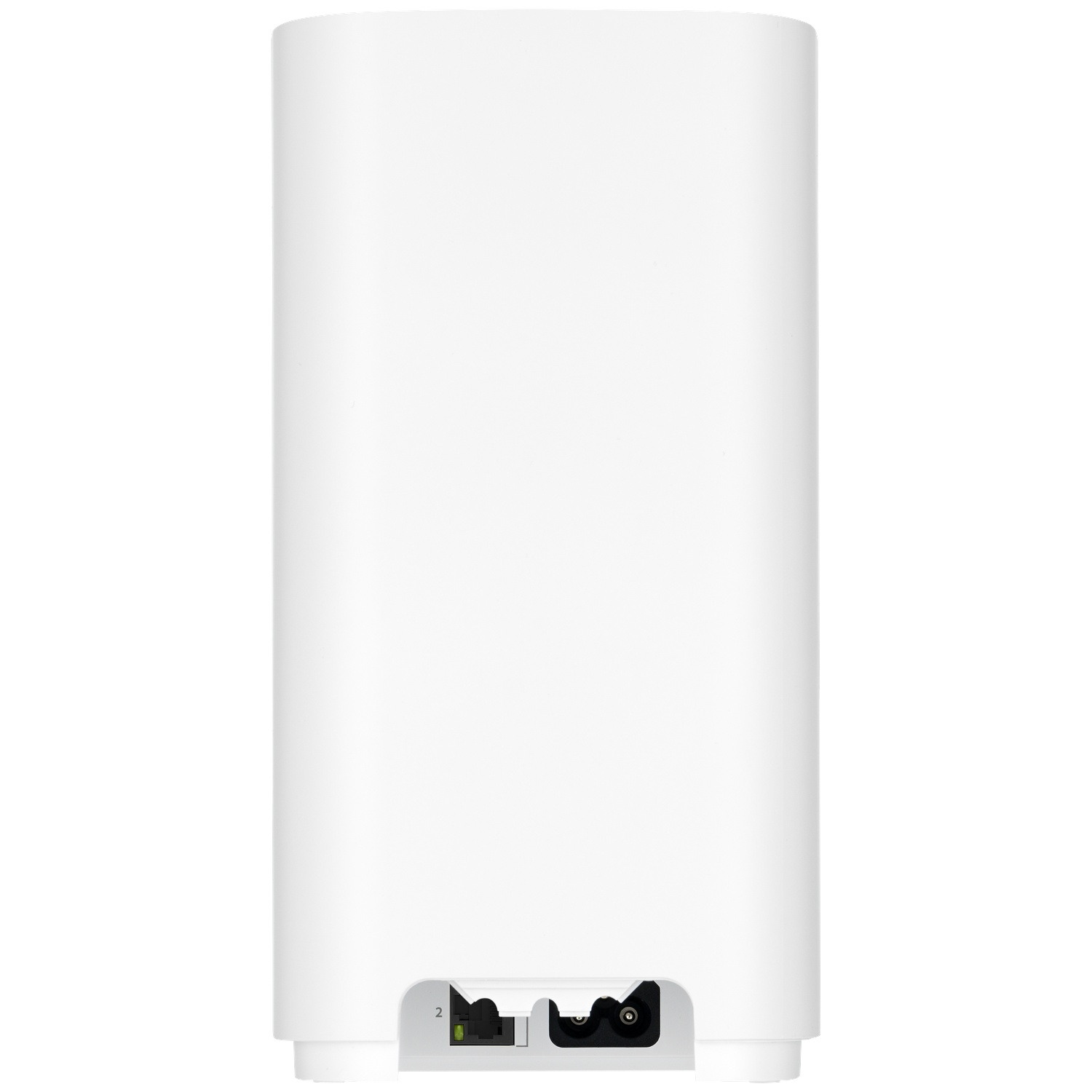 Un routeur blanc est montré. Il a une forme cylindrique avec des ports en bas : un port Ethernet, une entrée d'alimentation et un bouton d'alimentation.
