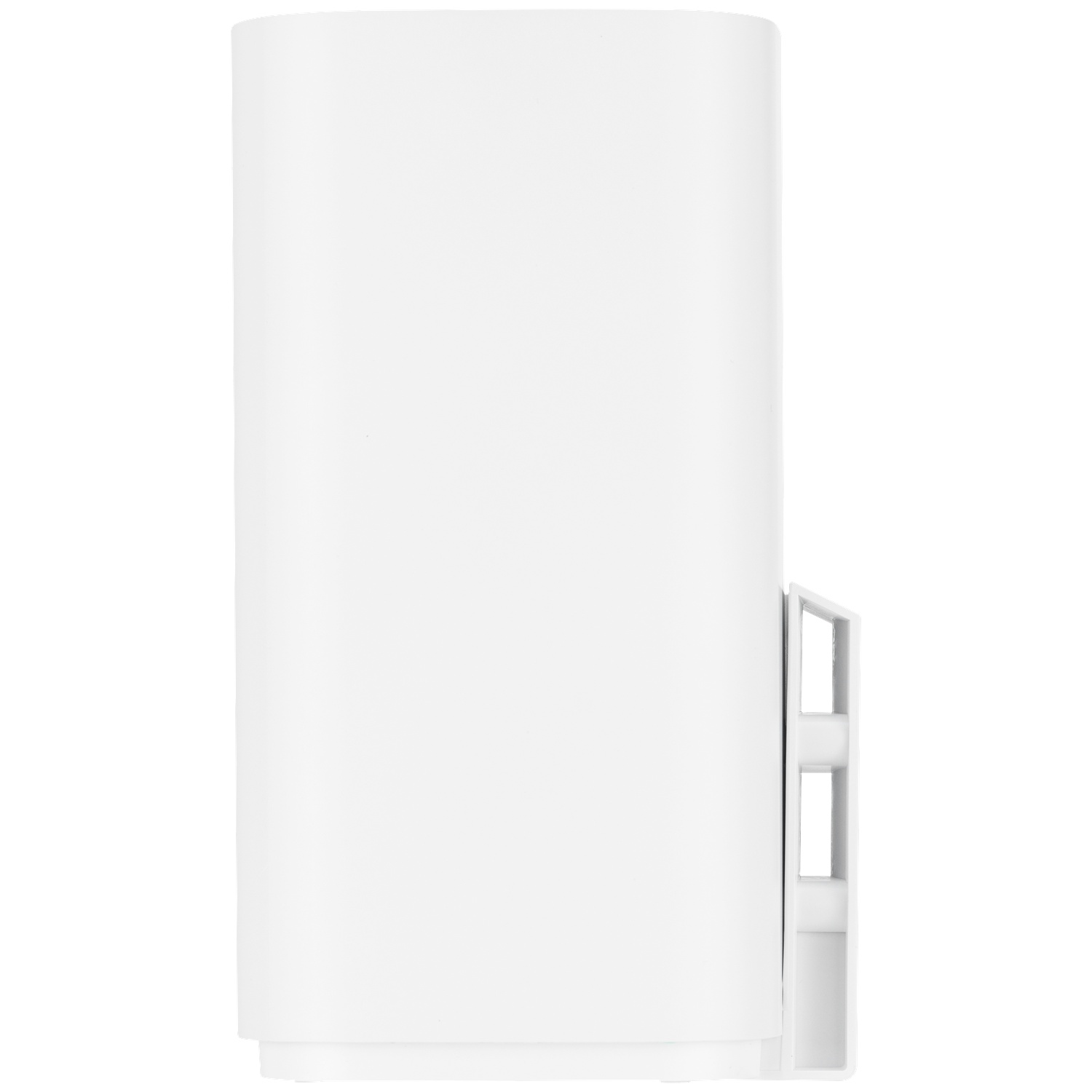 Un appareil blanc et rectangulaire, possiblement un composant électrique, avec un panneau latéral à ouvertures rectangulaires.