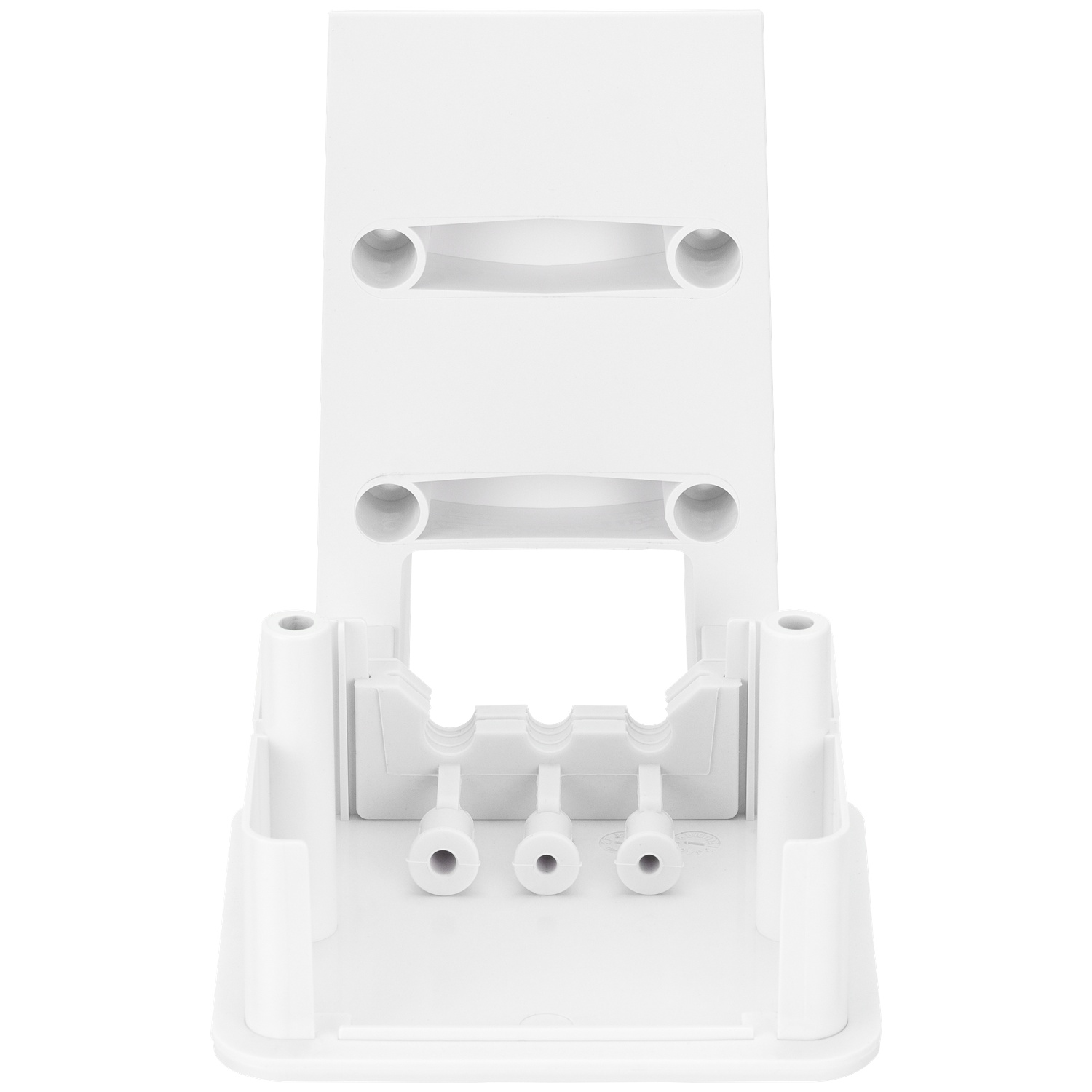 Un composant en plastique blanc. Il comporte plusieurs trous et fentes. La conception semble être destinée au montage ou à la tenue de quelque chose. Le fond est blanc.