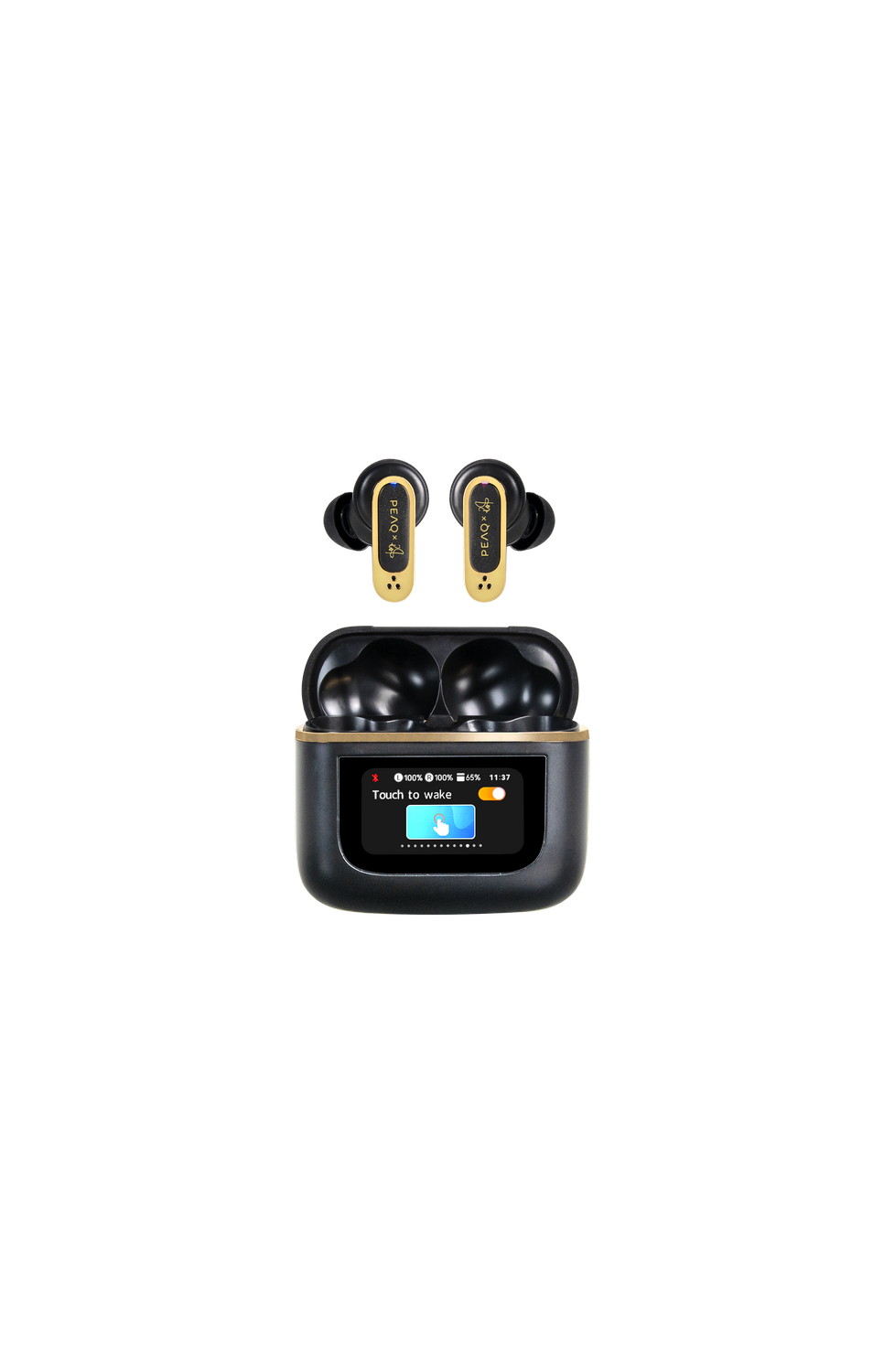 Auriculares inalámbricos negros y dorados con estuche de carga sobre fondo gris. La pantalla muestra 'Touch to wake'.