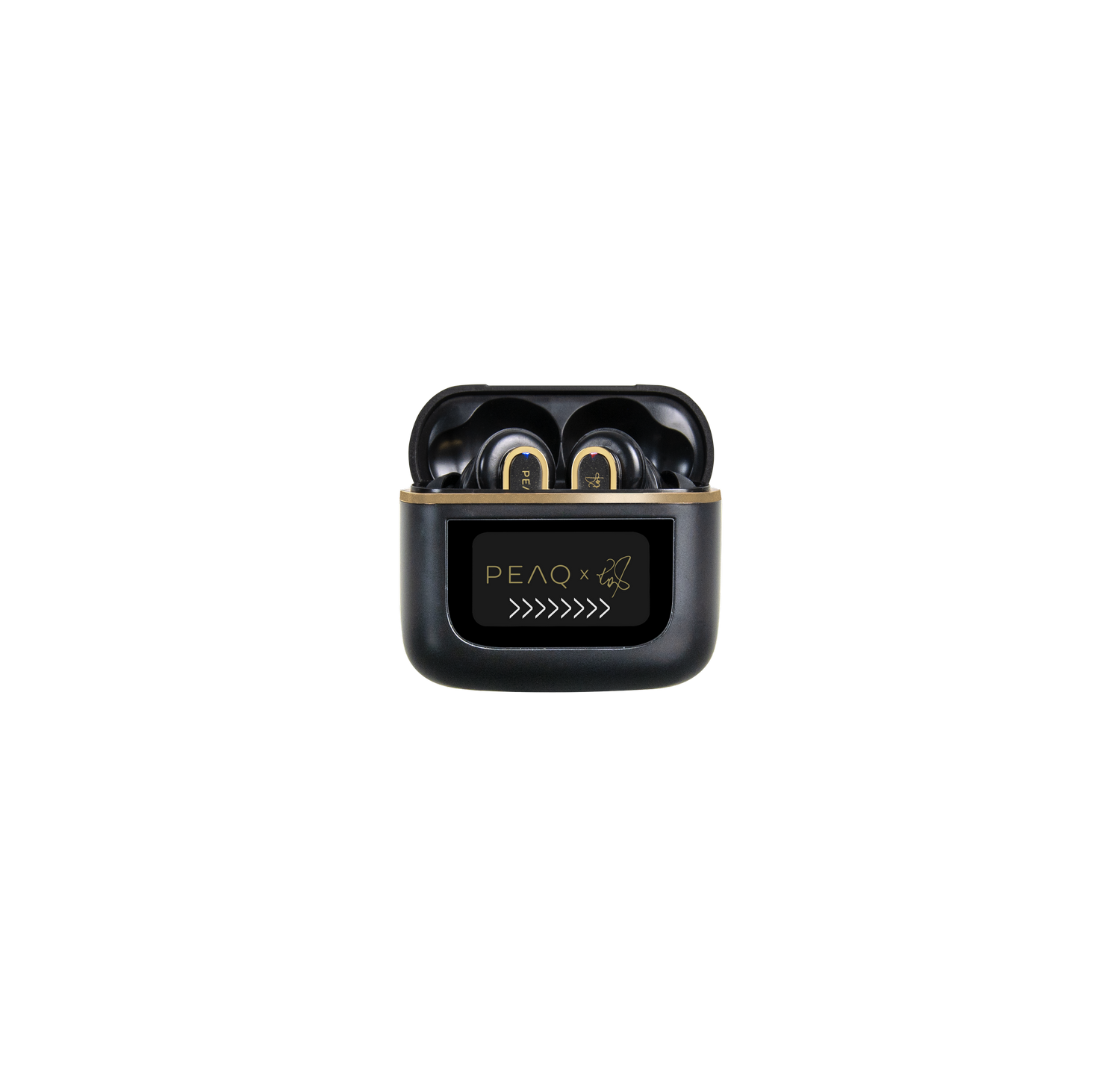 Auriculares negros y dorados en un estuche abierto. El estuche tiene un logotipo y flechas. El fondo es de color gris sólido.