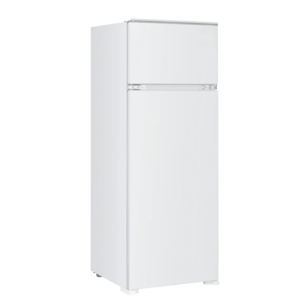 Un refrigerador blanco con congelador arriba. Se alza contra un fondo blanco.