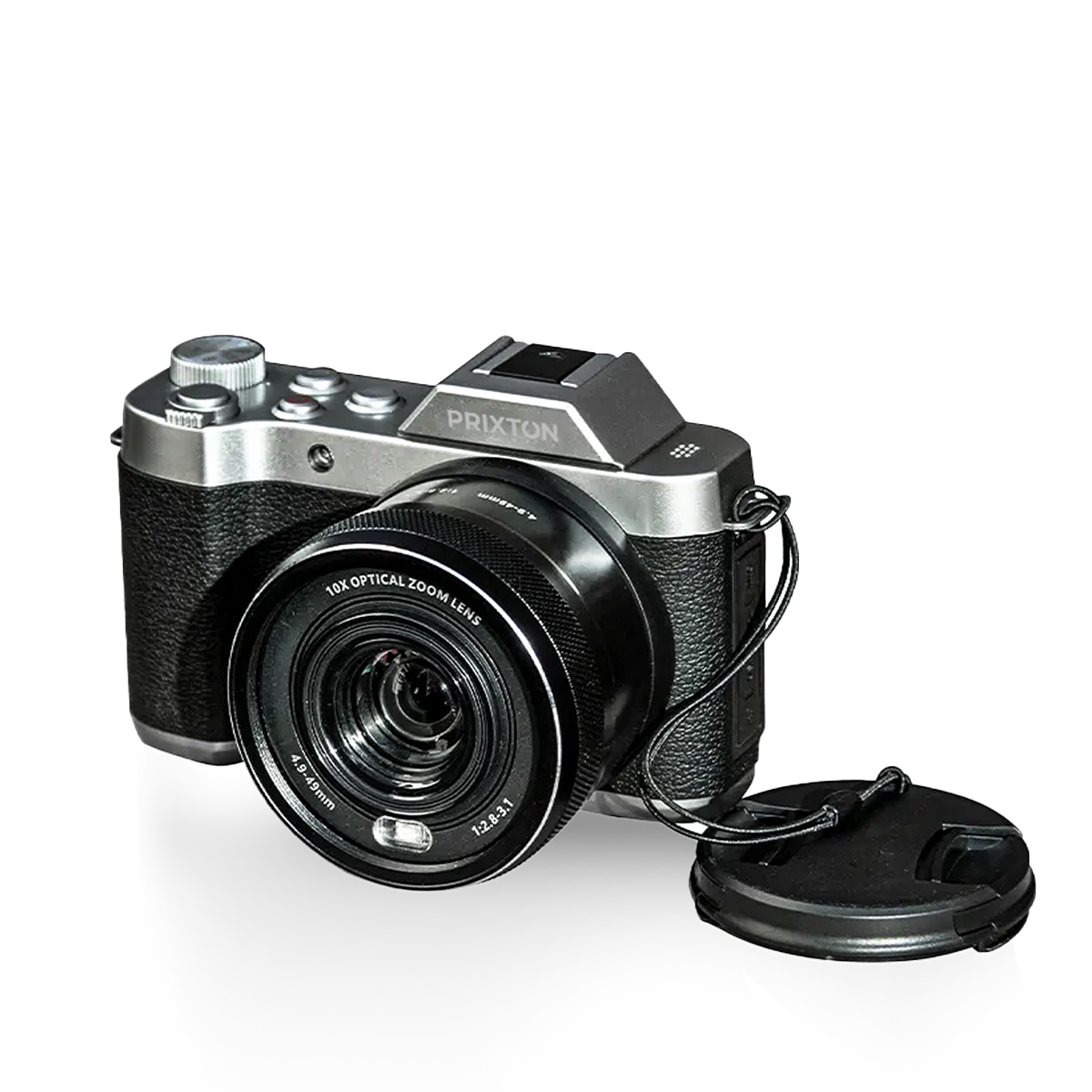 Una cámara PRIXTON plateada y negra con una tapa de lente. La lente tiene zoom óptico 10x. La cámara está sobre un fondo blanco.