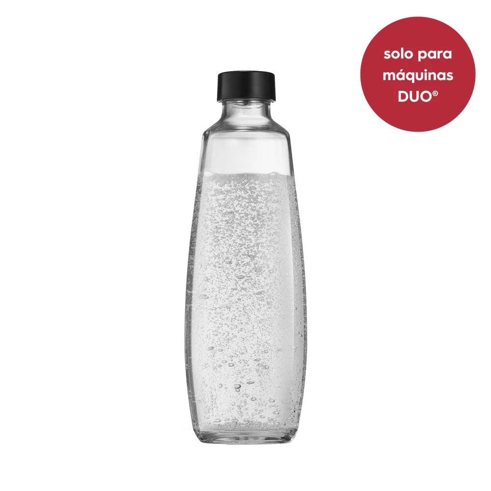 Una botella de agua clara y con burbujas con tapa negra. Un círculo rojo a la derecha con texto blanco: 'solo para máquinas DUO'.