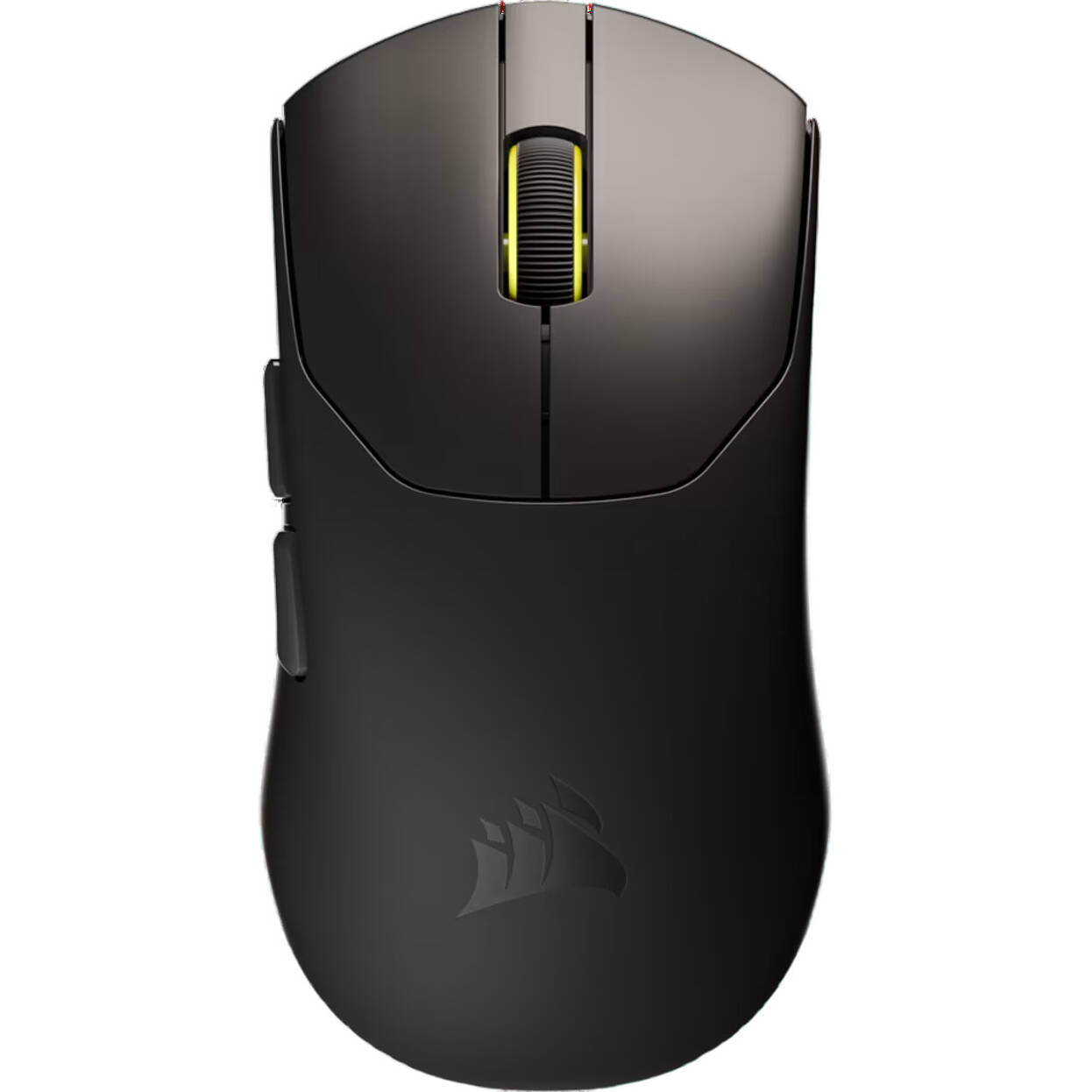 Un ratón de ordenador negro con una rueda de desplazamiento amarilla. El logotipo de Corsair es visible. Hay dos botones laterales.