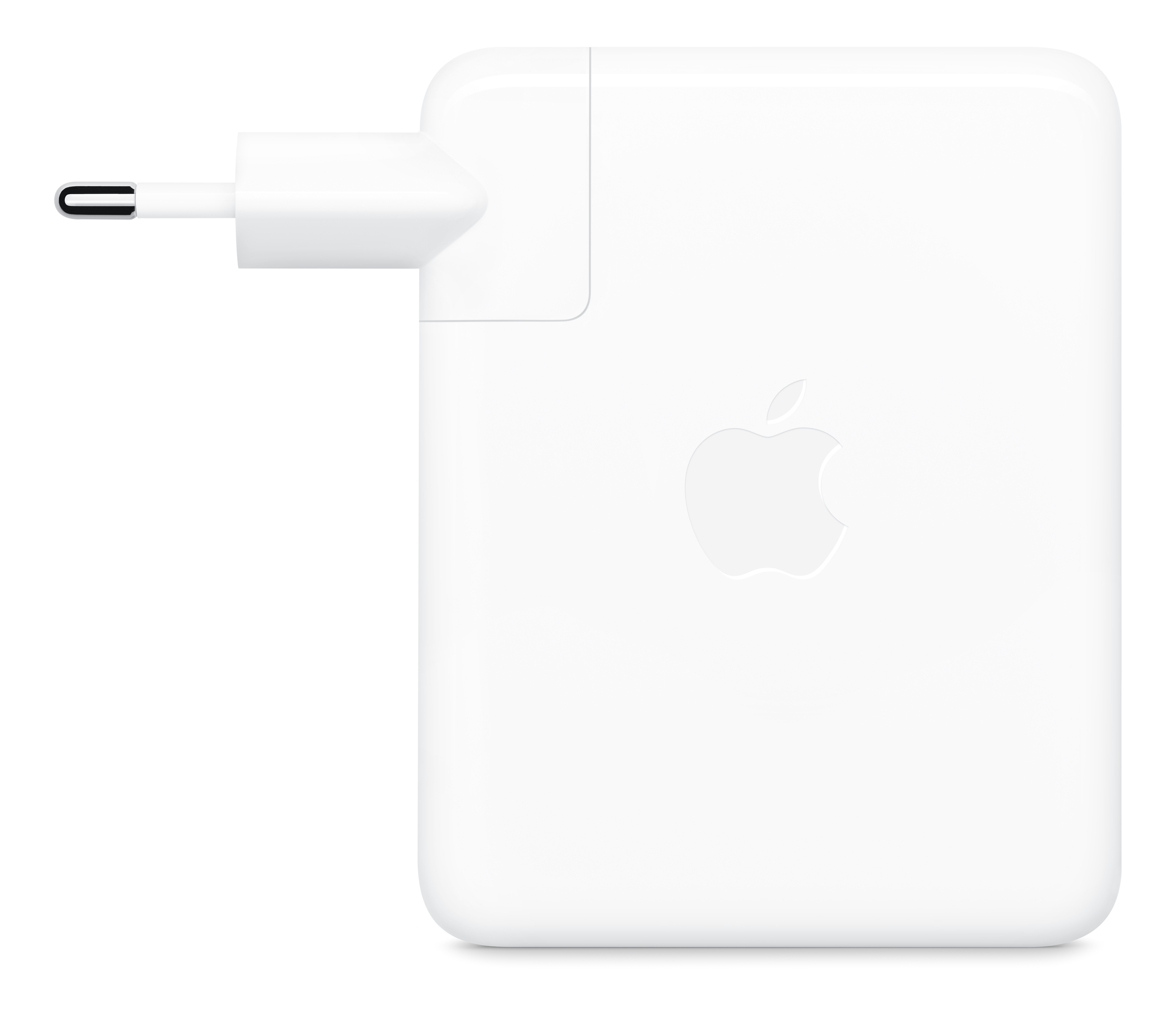 Un chargeur Apple blanc avec une prise et le logo Apple. Sur fond noir.