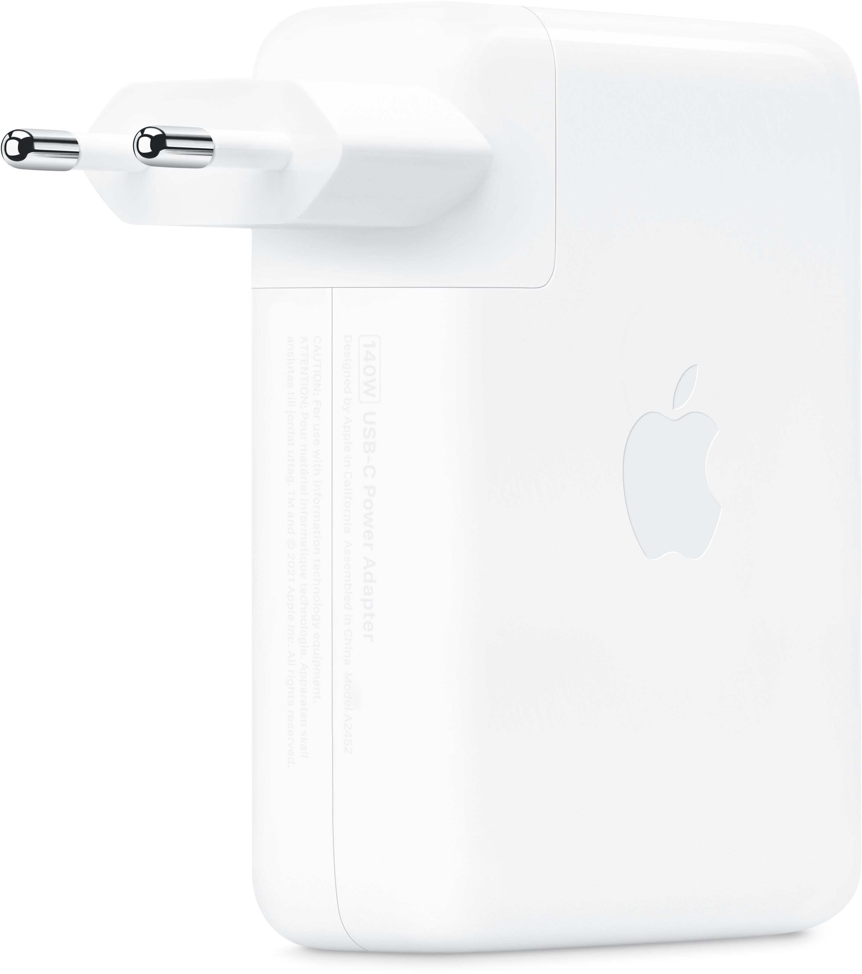 Un adaptateur secteur USB-C 140W blanc Apple. Il comporte une prise, un logo Apple et du texte.