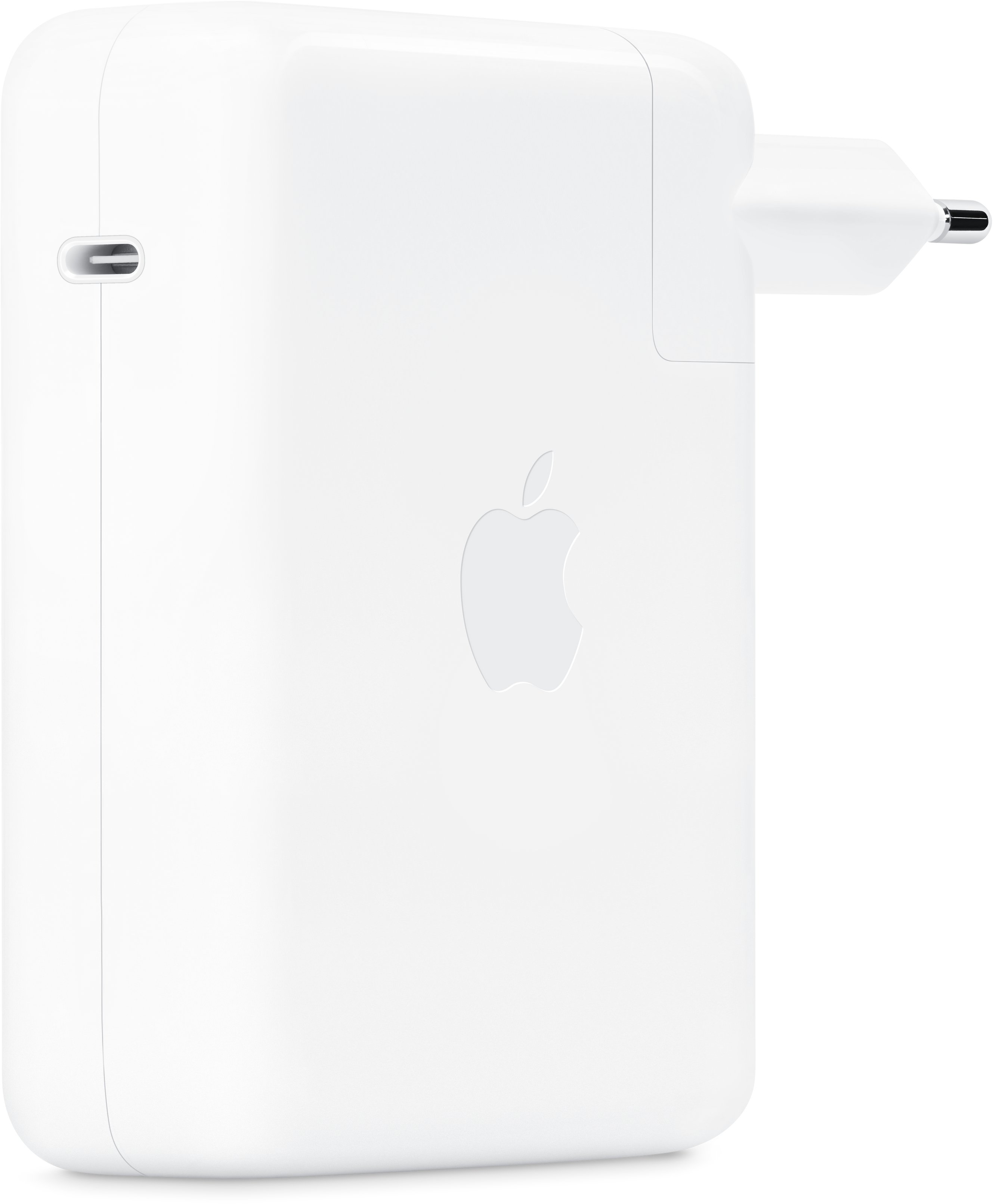 Un chargeur Apple blanc avec le logo Apple. Il possède un port USB-C et une prise. Fond noir.