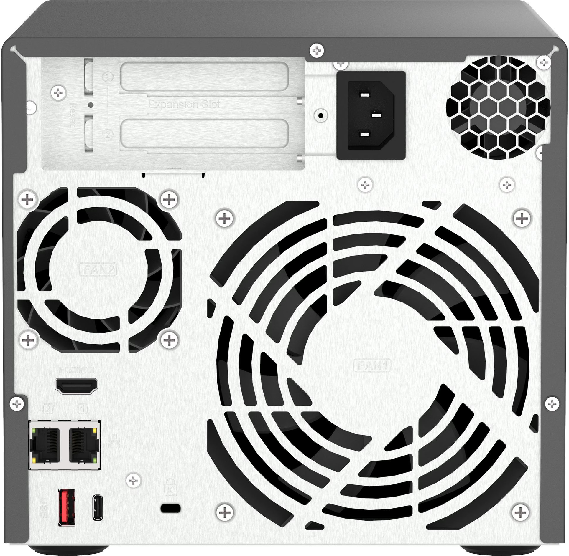 L'arrière d'un serveur informatique. Il montre des ventilateurs, une entrée d'alimentation, des emplacements d'extension et des ports.