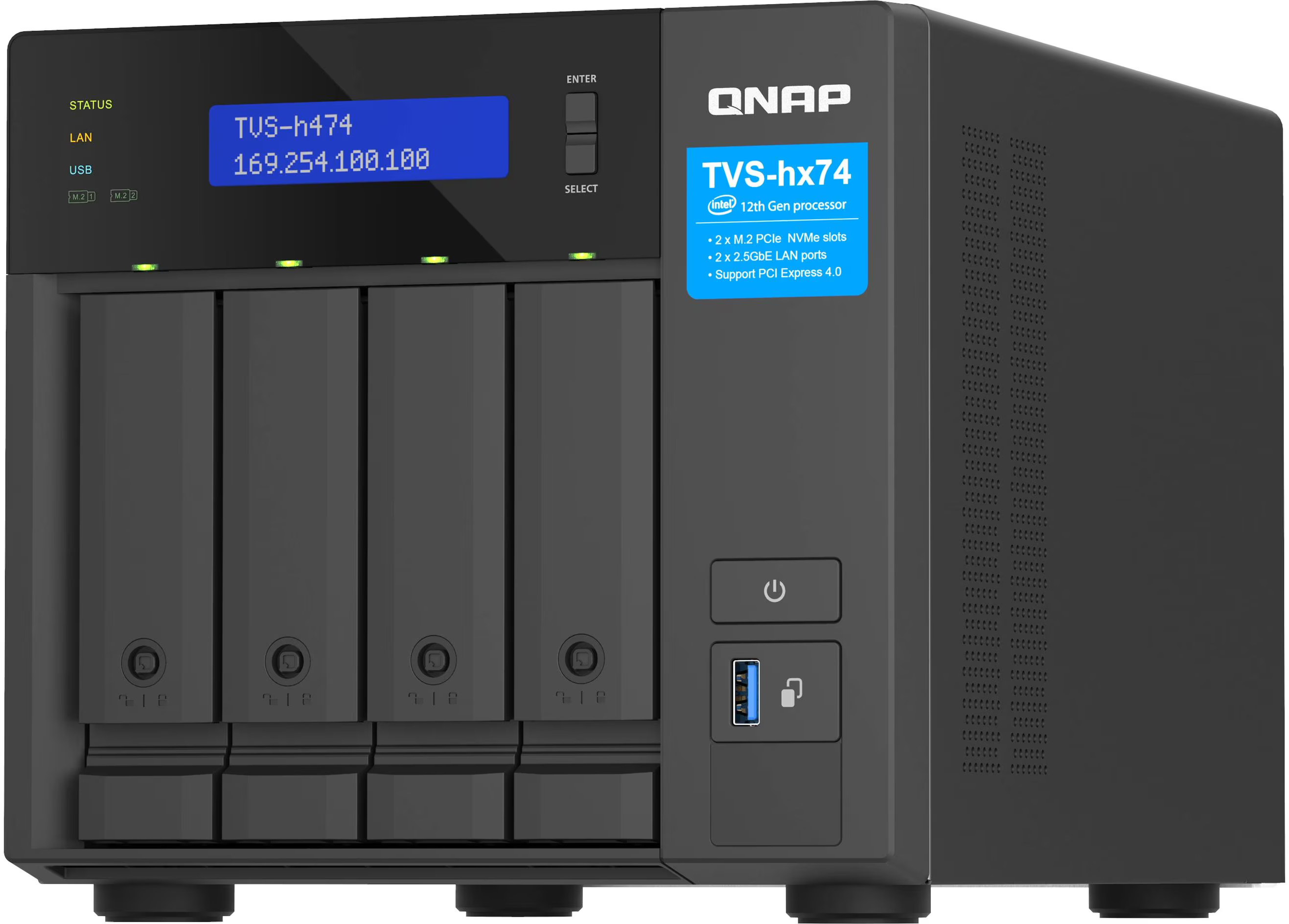 Un appareil NAS QNAP noir. Il possède un écran affichant les infos réseau et des baies de disques. Le logo Intel est visible.