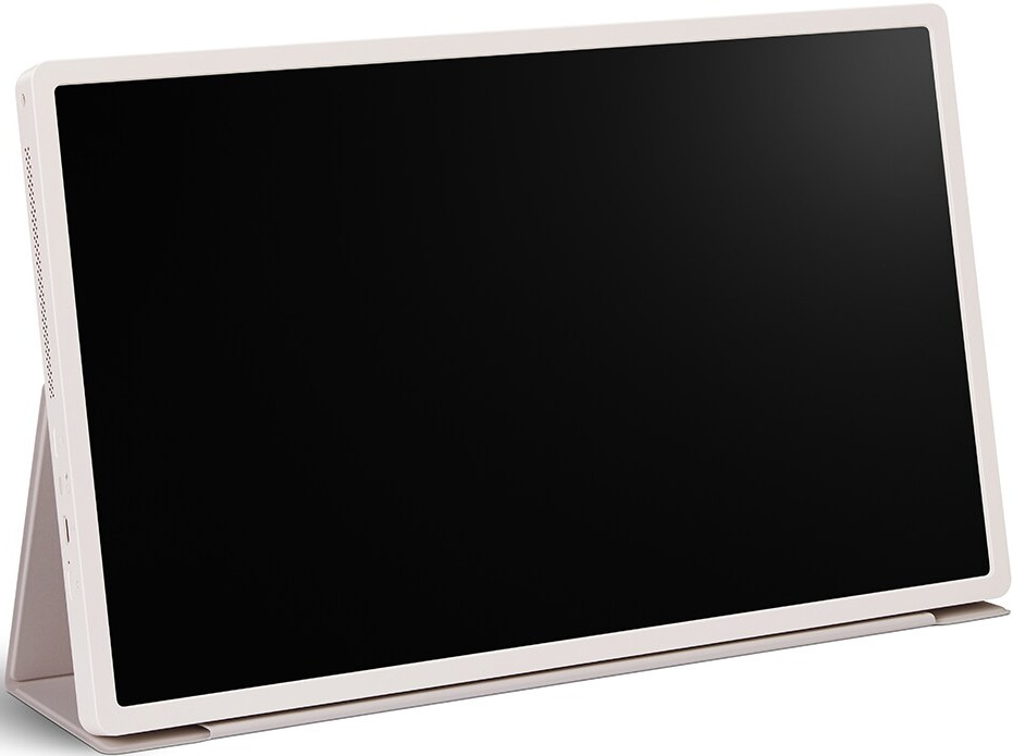 Un tablet bianco con schermo nero è sorretto da un supporto beige. Lo schermo è inclinato verso l'alto.