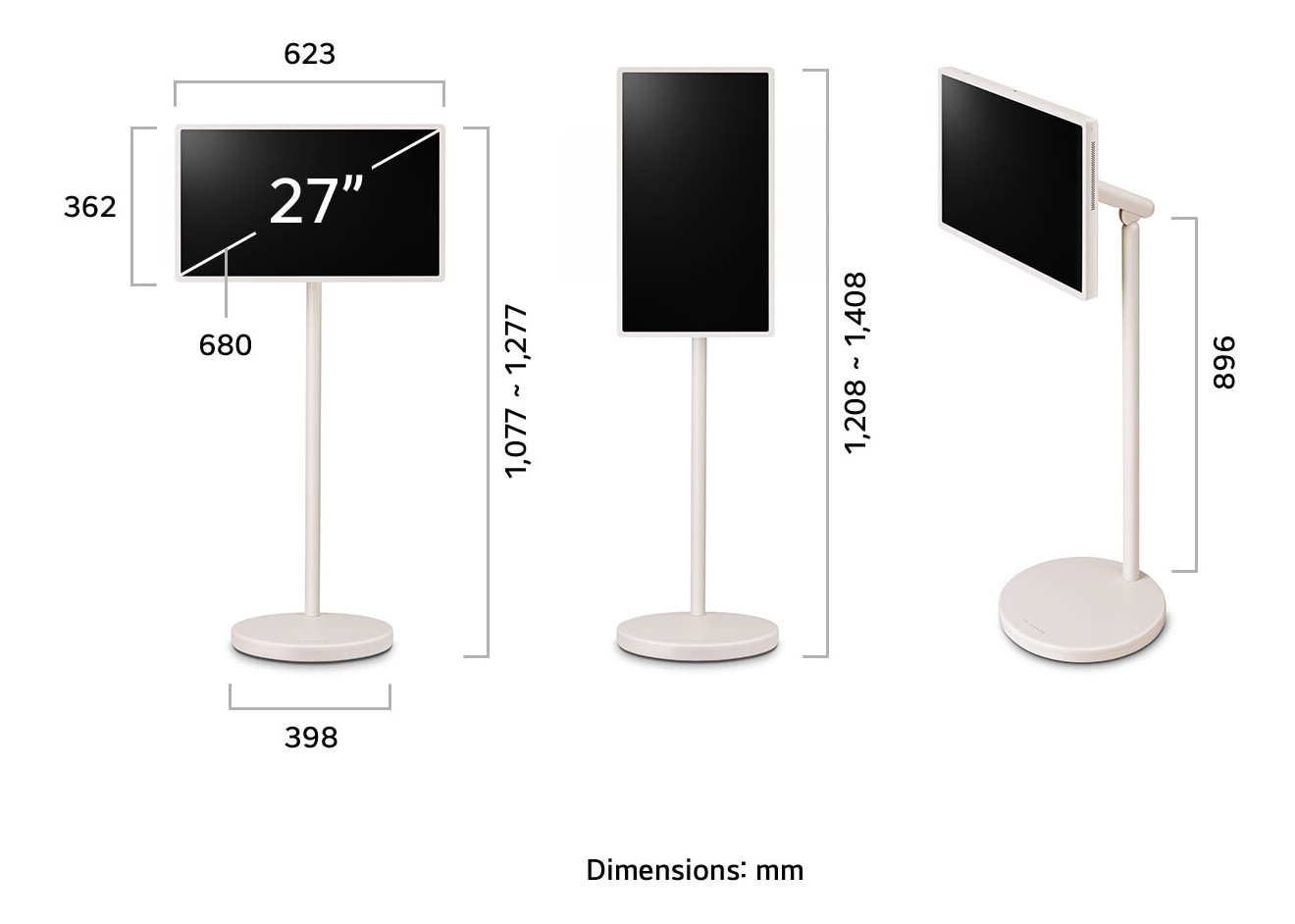 Tre viste di un monitor bianco da terra. Sono indicate le dimensioni. Lo schermo è nero, con cornice bianca. Il supporto è bianco.