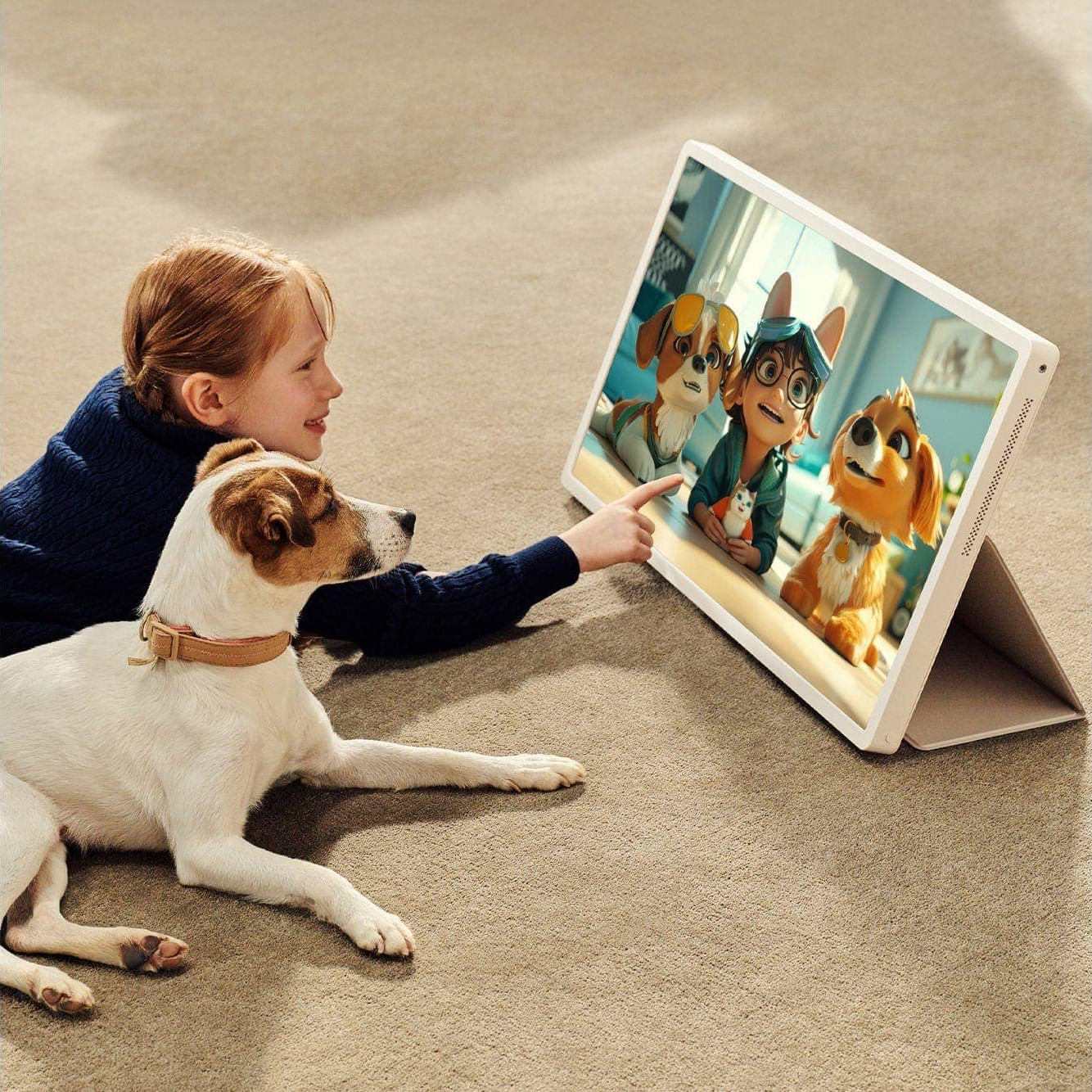 Un bambino e un cane guardano un tablet che mostra cani dei cartoni animati. Il bambino indica lo schermo. Sono su un tappeto.