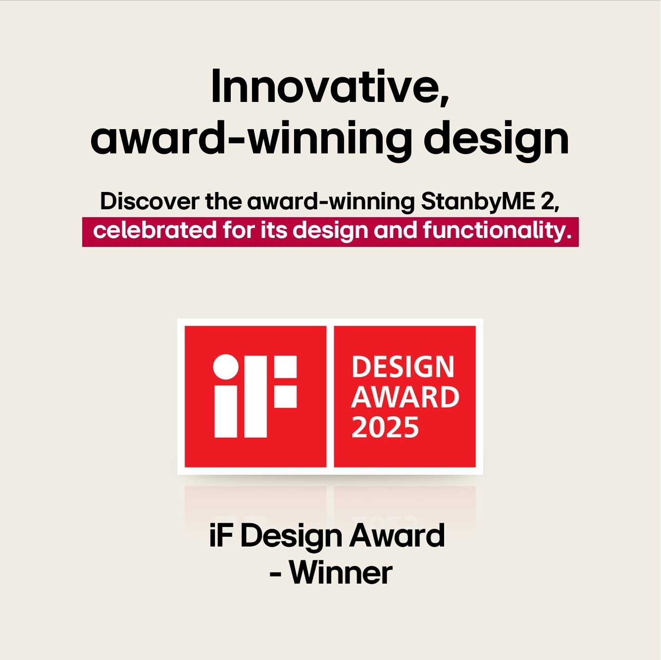 L'immagine mostra un annuncio del vincitore dell'iF Design Award 2025. Il testo include 'Design innovativo e premiato' e menzione del prodotto.
