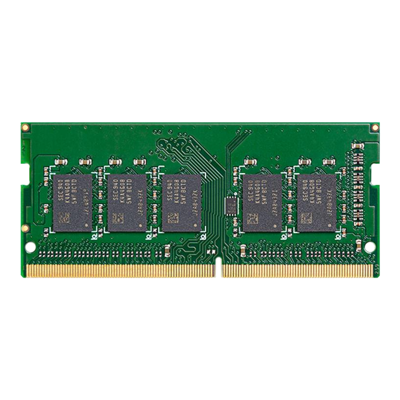 Un module RAM vert avec des puces noires et des connecteurs dorés. Le texte sur les puces indique 'SEC 940 K4A4G08 SWF BCTD'.