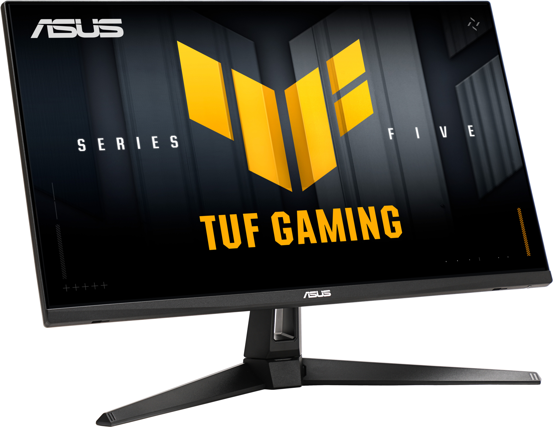 Écran ASUS TUF Gaming. Cadre noir, support. L'écran affiche le logo TUF Gaming en jaune, texte blanc sur fond noir.