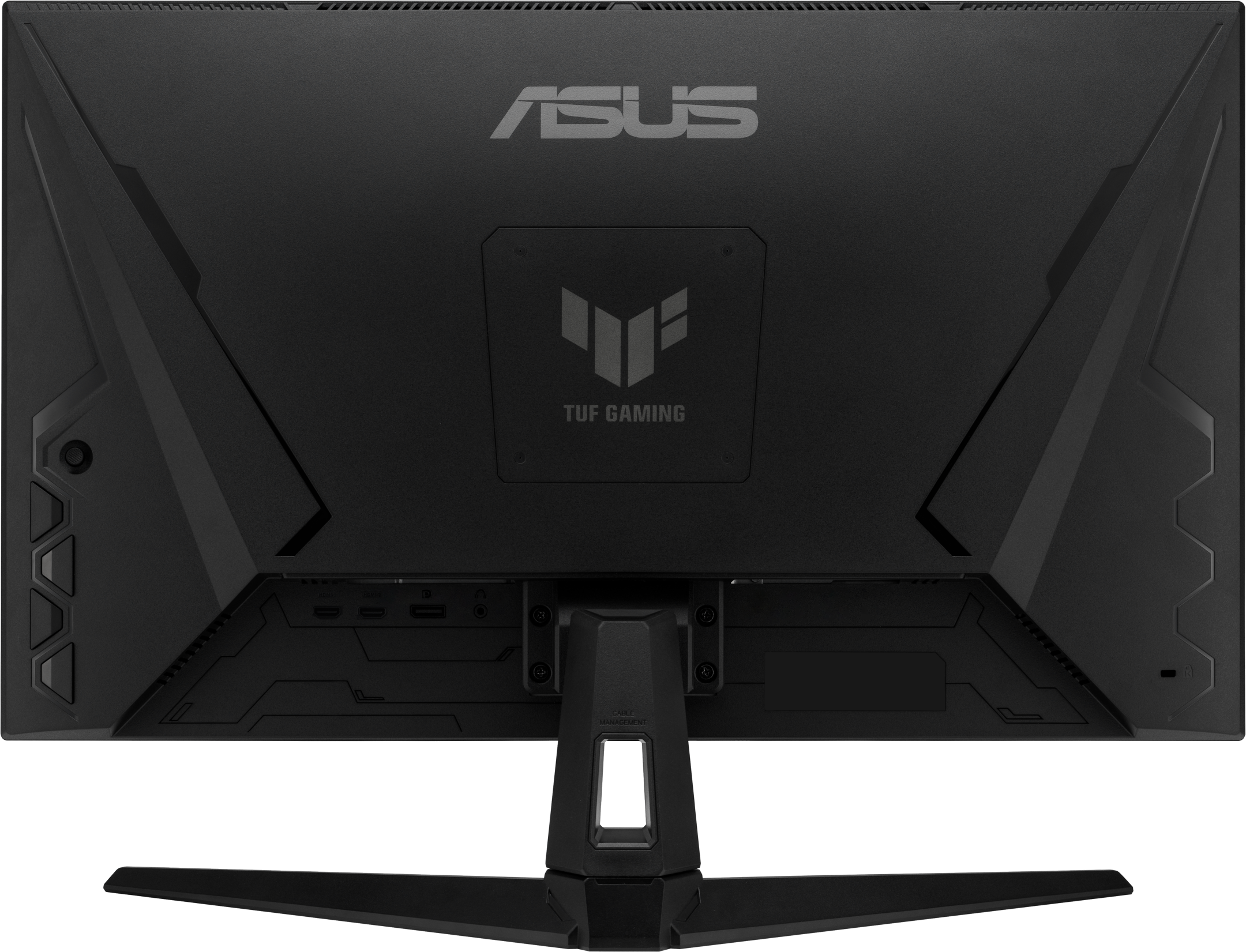L'arrière d'un moniteur ASUS TUF Gaming noir est visible. Il présente les logos ASUS et TUF Gaming.