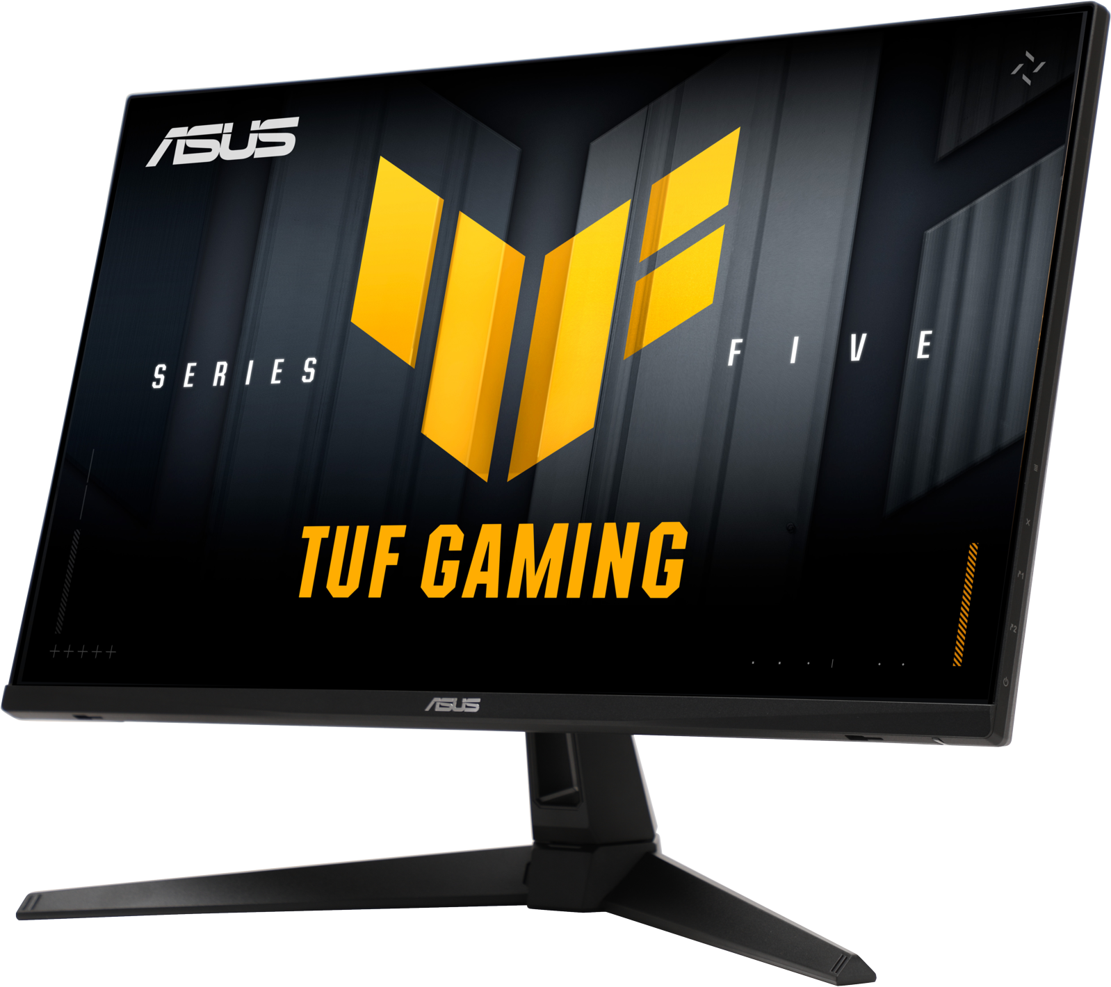 L'écran ASUS TUF Gaming affiche un logo jaune sur fond sombre. Le moniteur est noir et possède un pied.