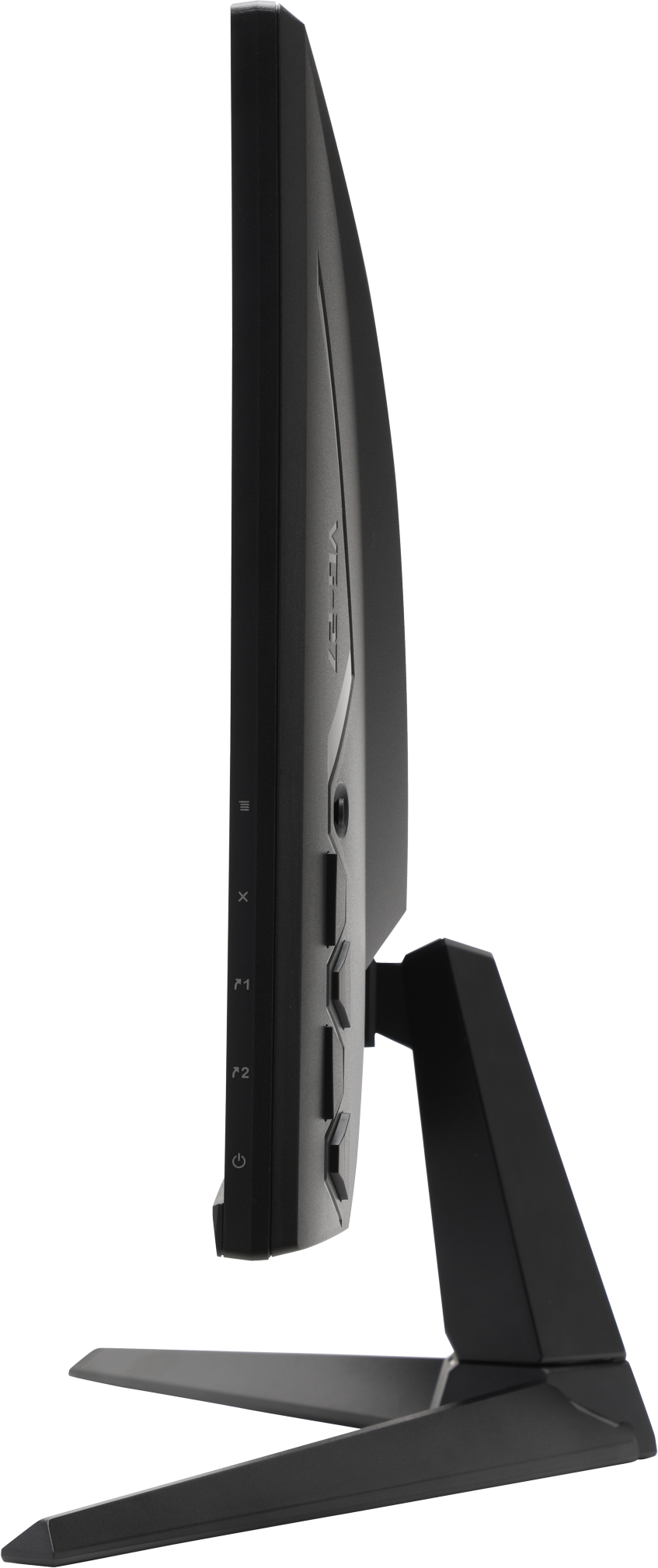 Vue latérale d'un écran d'ordinateur noir. Il possède des boutons et un support. Le nom du modèle 'VG-27' est visible.