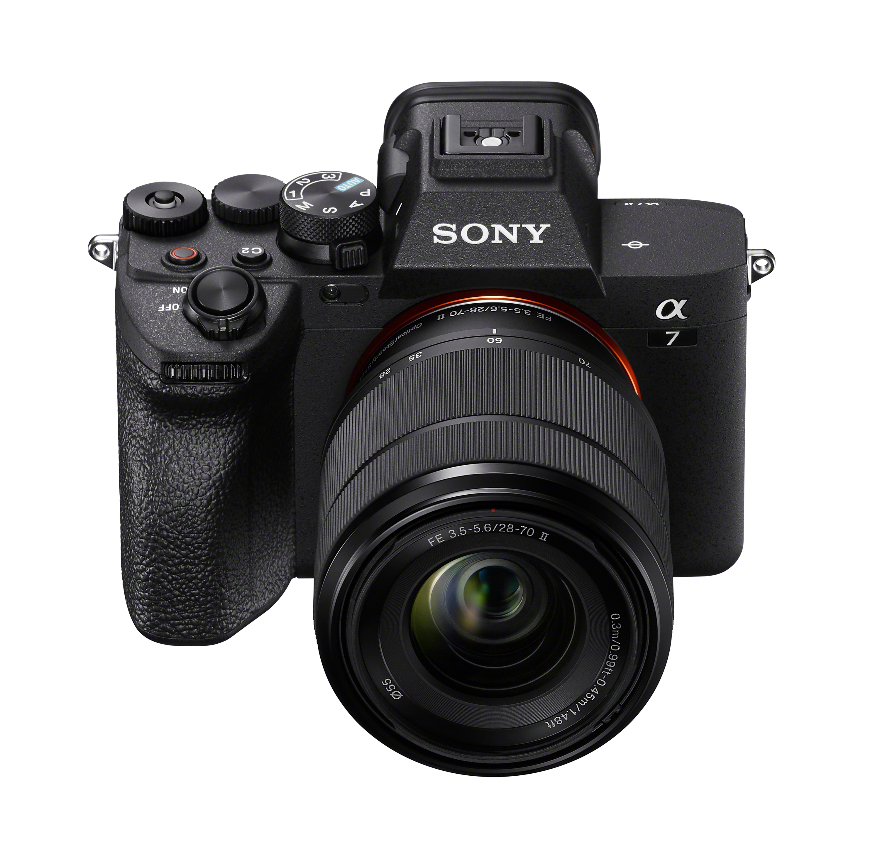 Eine schwarze Sony Alpha 7 Kamera mit Objektiv, Knöpfen und Rädern. Das Objektiv befindet sich in der Mitte.