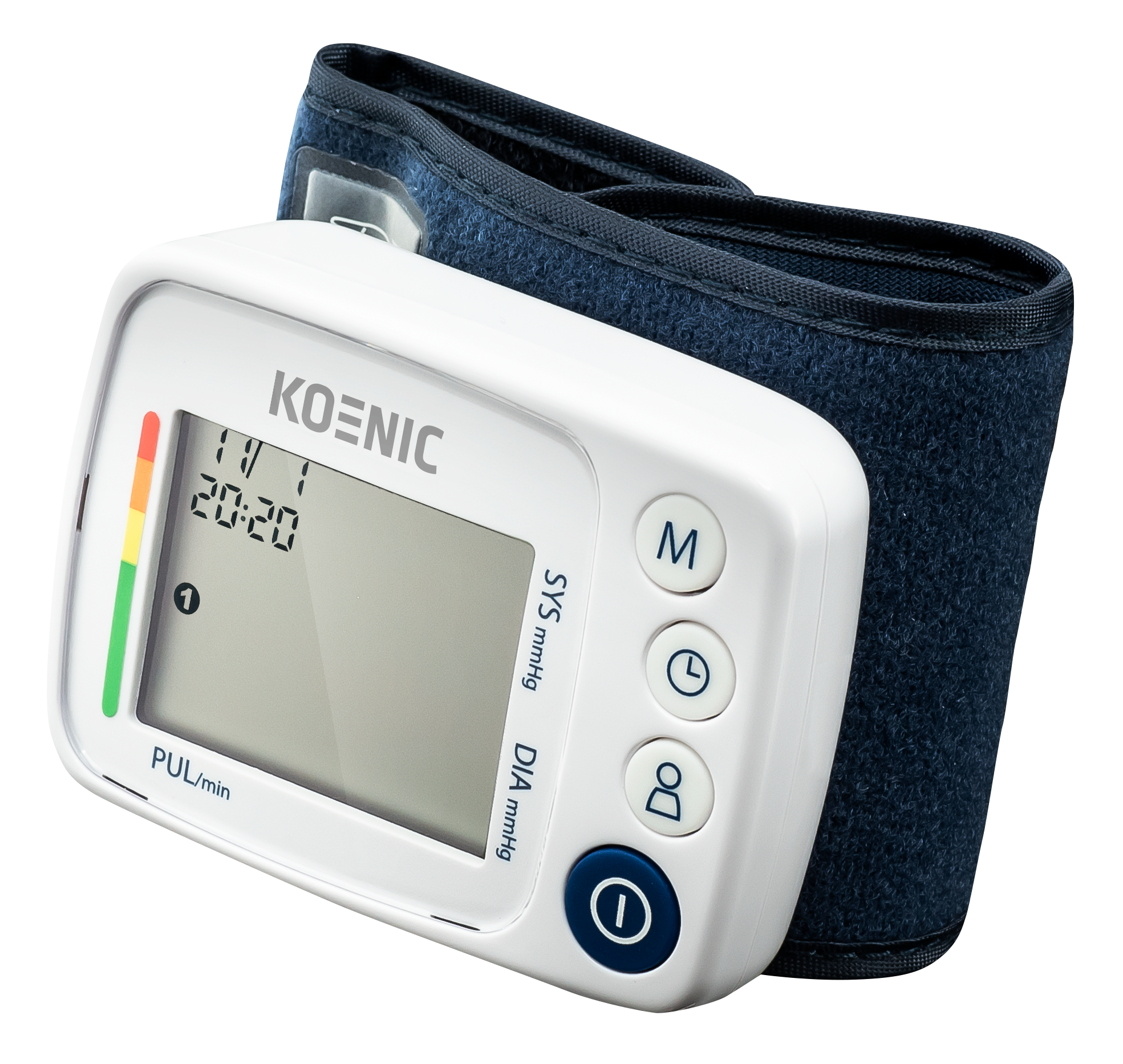 Biały ciśnieniomierz Koenic z niebieskim mankietem. Wyświetlacz pokazuje czas i odczyty. Przyciski są na urządzeniu.