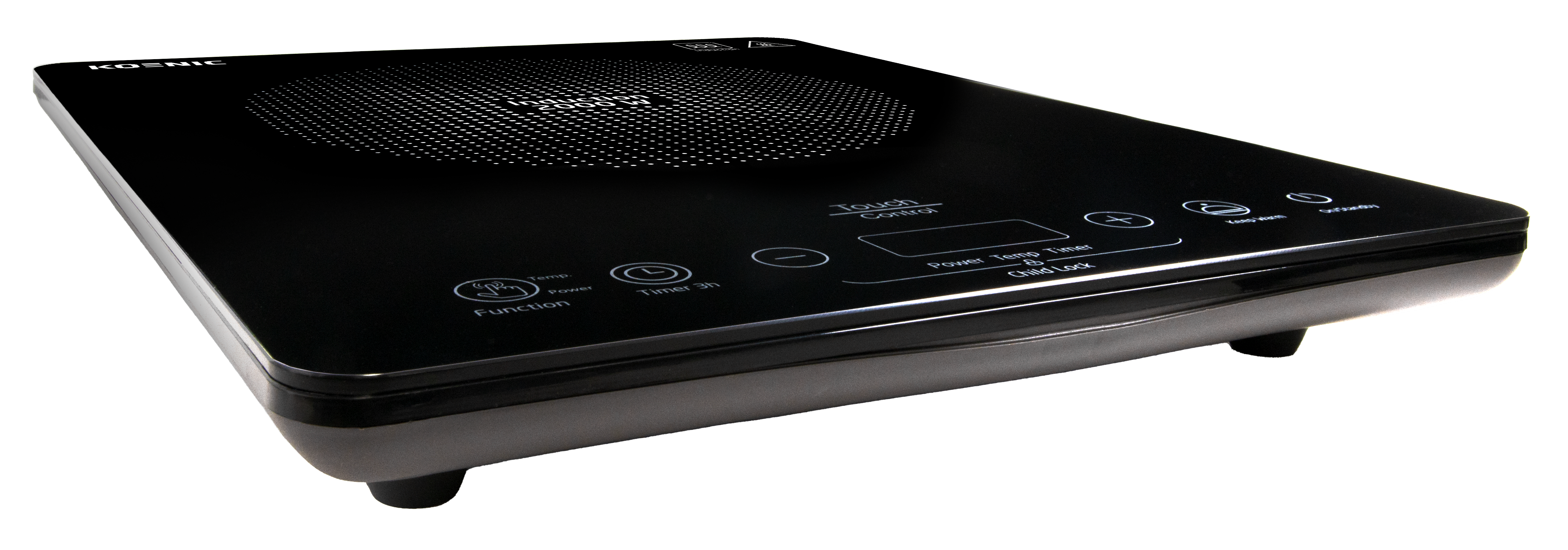 Czarna płyta indukcyjna Koenic z elementami dotykowymi. Posiada okrągłą powierzchnię grzewczą oraz przyciski funkcji, timera i mocy.