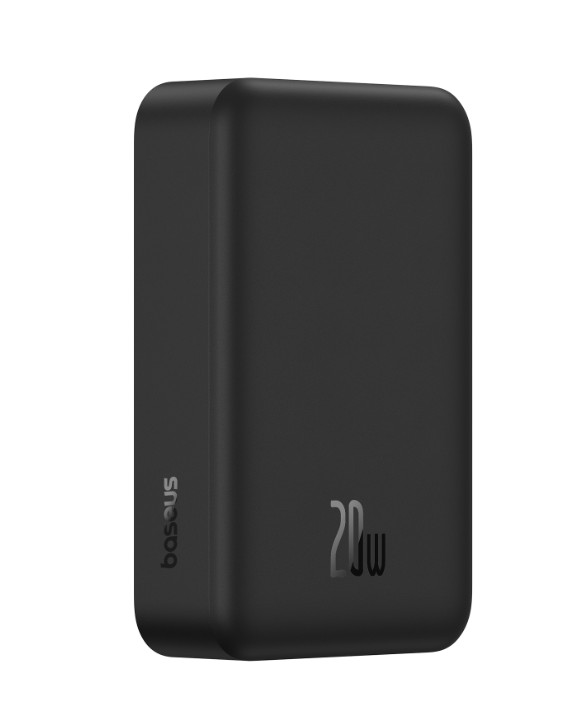 Siyah bir Baseus 20W powerbank. Cihaz, yuvarlak kenarlı dikdörtgen şeklindedir. Baseus logosu yanda, 20W ise ön tarafta yer almaktadır.