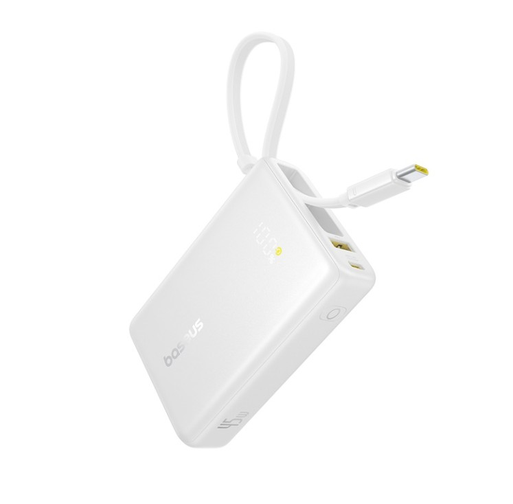 Beyaz güç bankası, döngü, ekran ve USB-C kablosu. %100 ve 45W gösteriyor. Marka adı 'baseus'.