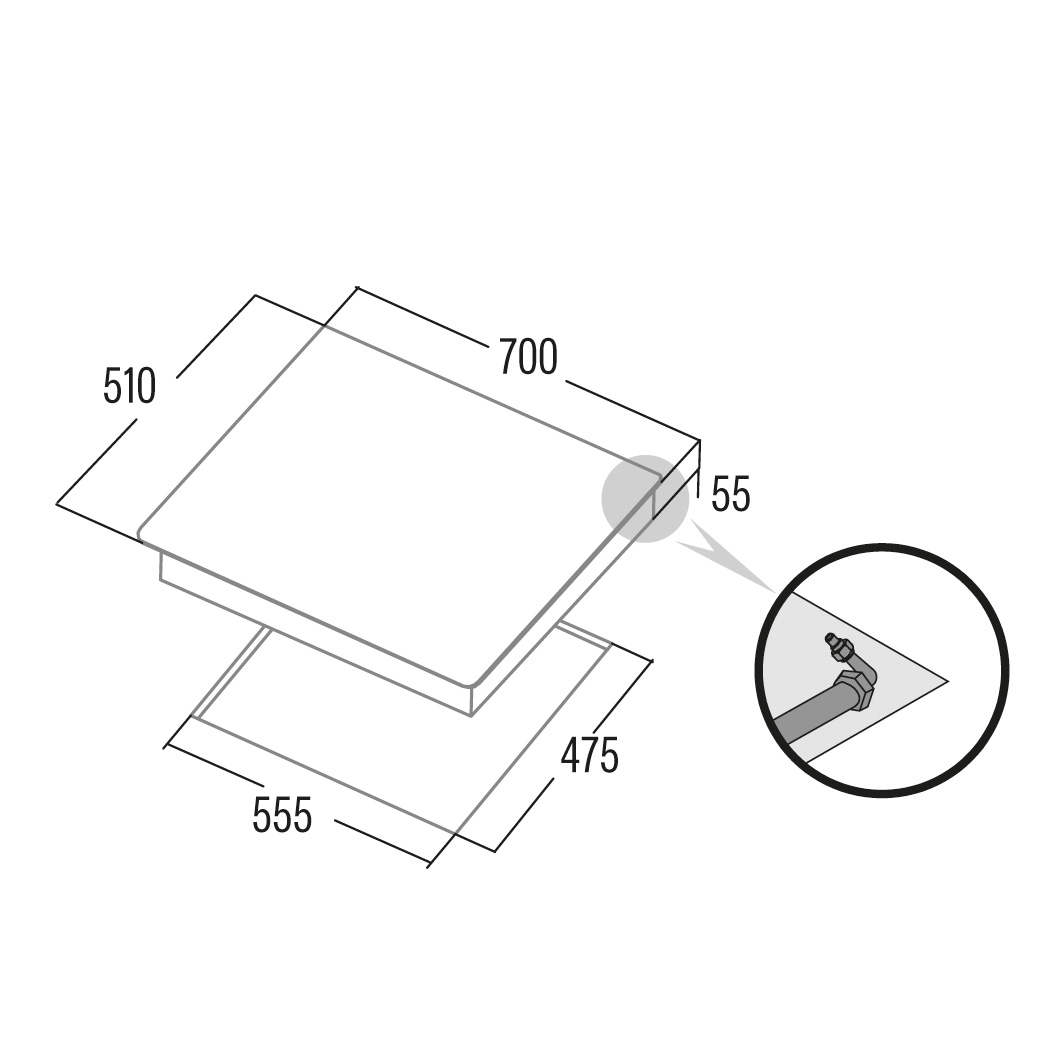 Diagrama de una encimera con dimensiones: 700x510, 55, 555x475. Una sección ampliada muestra un detalle de una tubería.