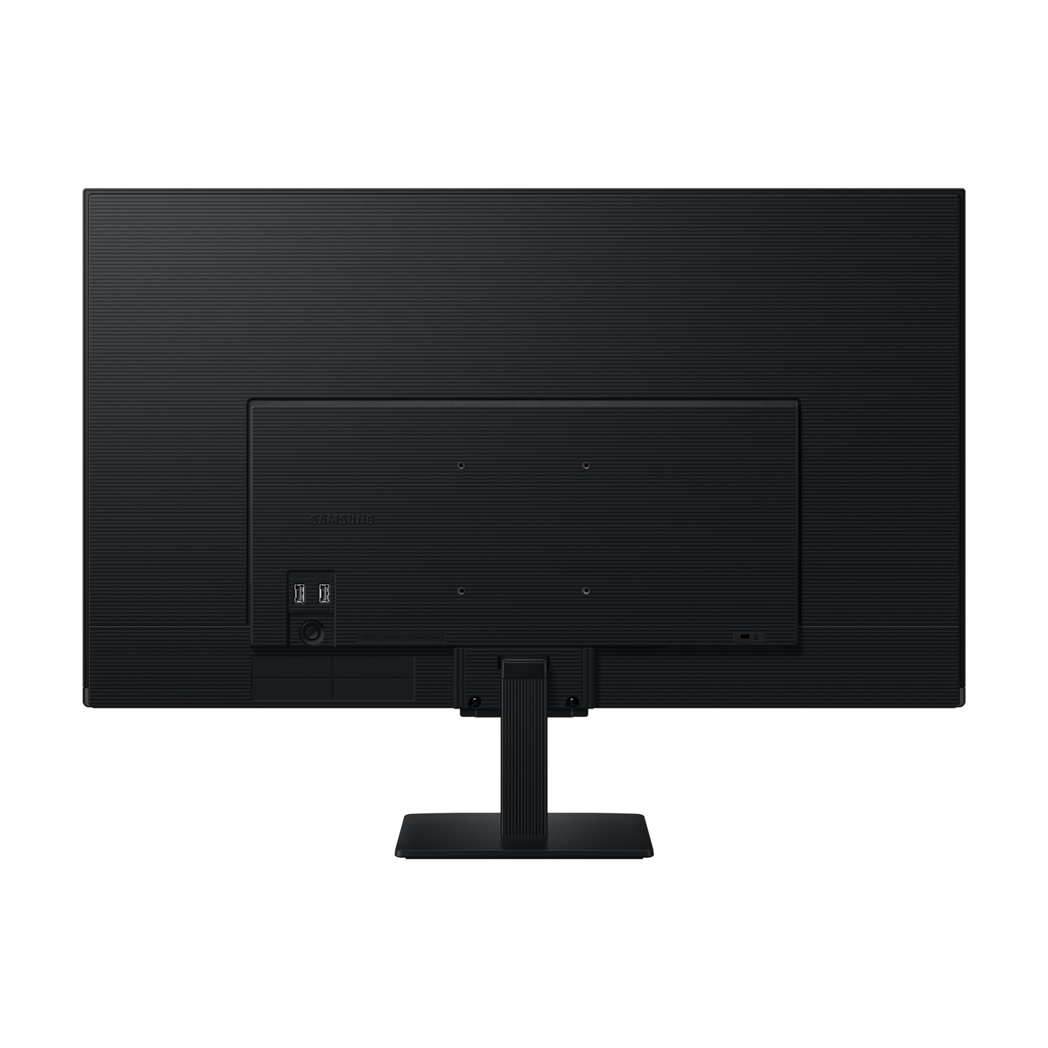 La parte posteriore di un monitor Samsung nero. Ha un supporto, porte e il logo Samsung. La superficie è strutturata.
