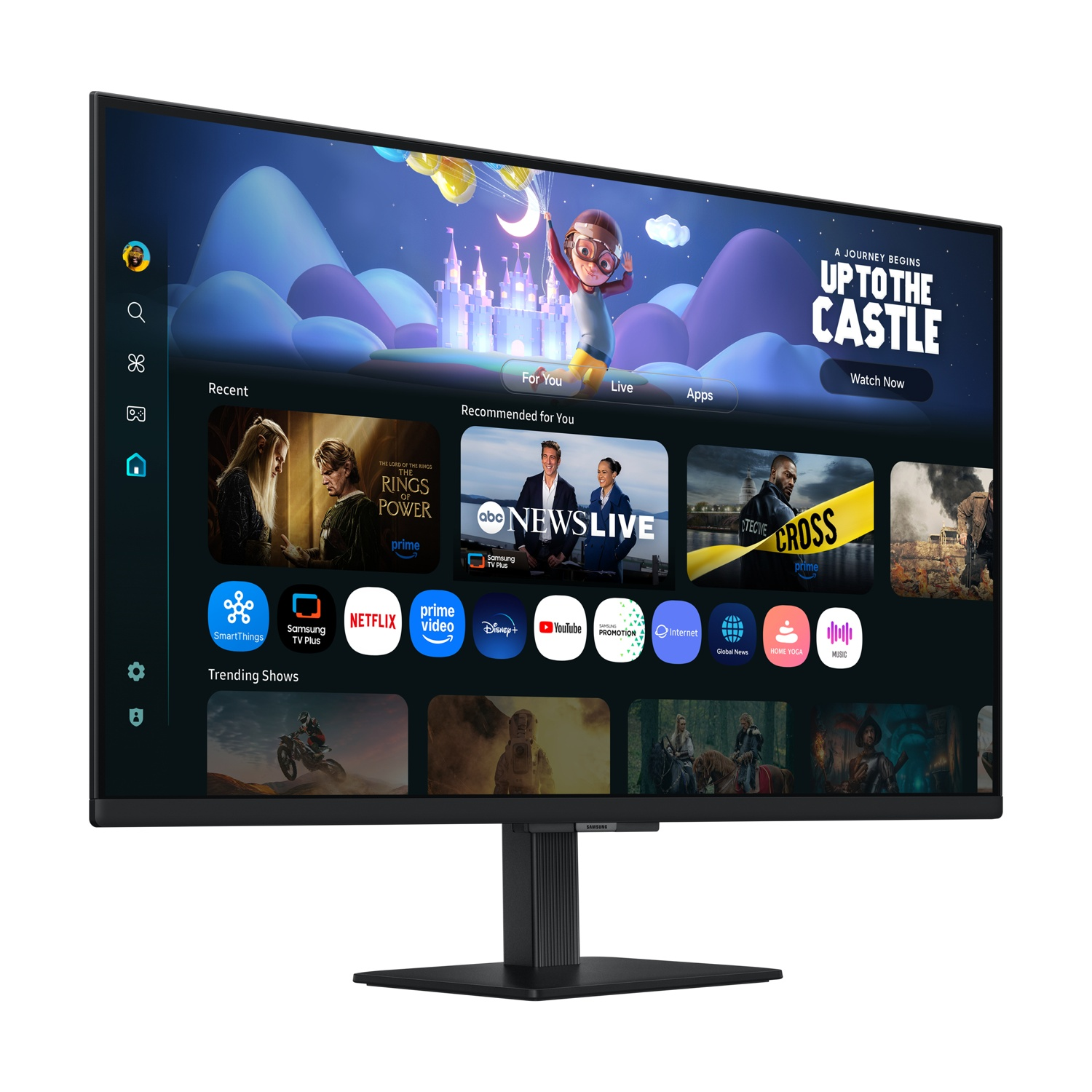 Un monitor di computer nero che mostra un'interfaccia utente con icone di app e una scena di castello di cartoni animati.