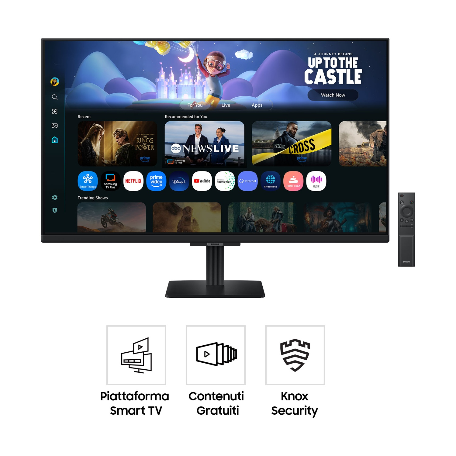 Uno schermo TV mostra un'interfaccia utente con app. Sotto, tre icone con testo: piattaforma Smart TV, contenuti gratuiti e Knox Security.