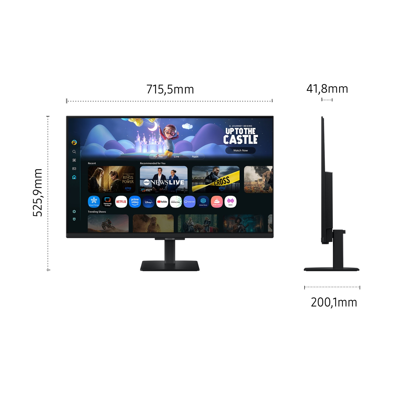 Un monitor nero con dimensioni etichettate. Lo schermo mostra un'interfaccia di servizio di streaming con vari programmi.